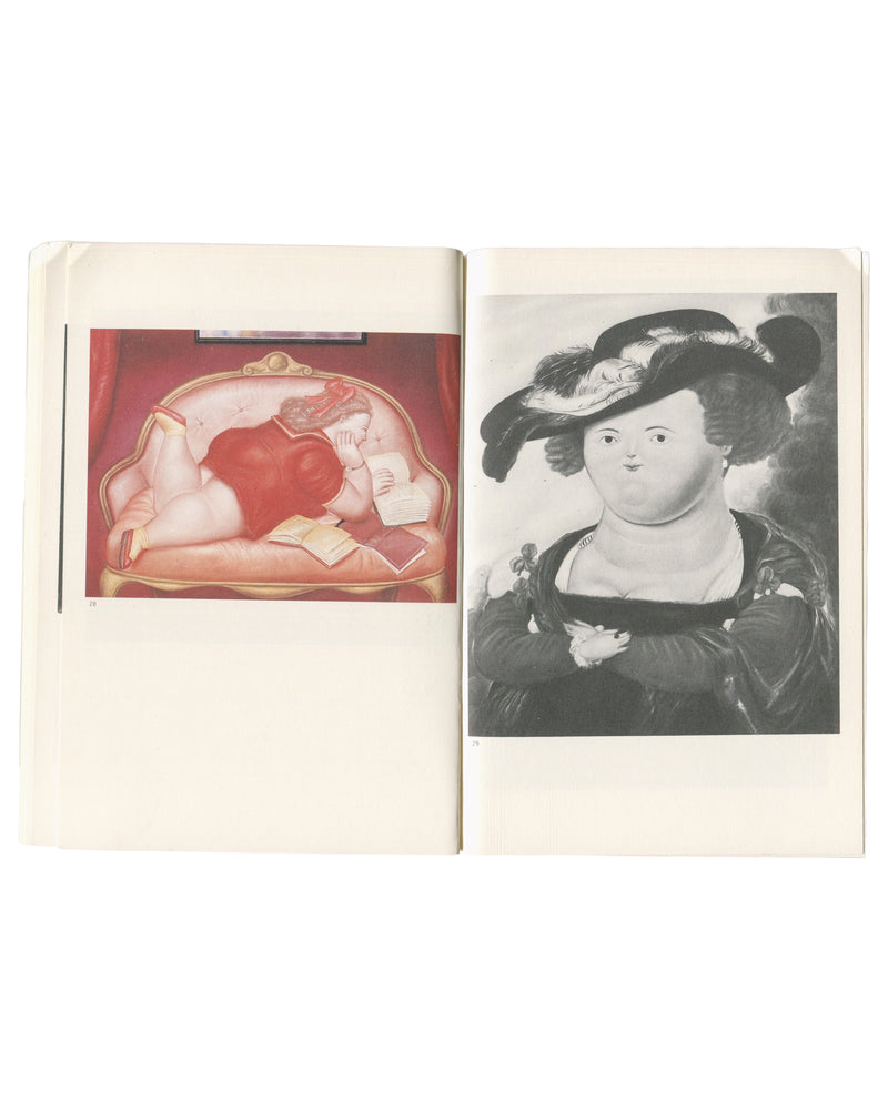 Fernando Botero, Diogenes, 1983, interior spread, reclining nude in red, colour; portrait after Rubens, black-and-white