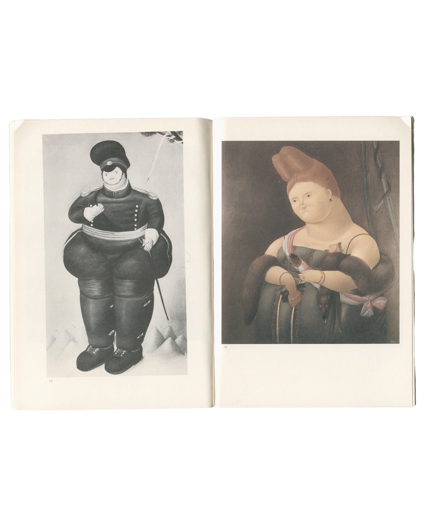 Fernando Botero, Diogenes, 1983, interior spread, uniformed military general, black-and-white; bourgeois woman with fur and dog, colour