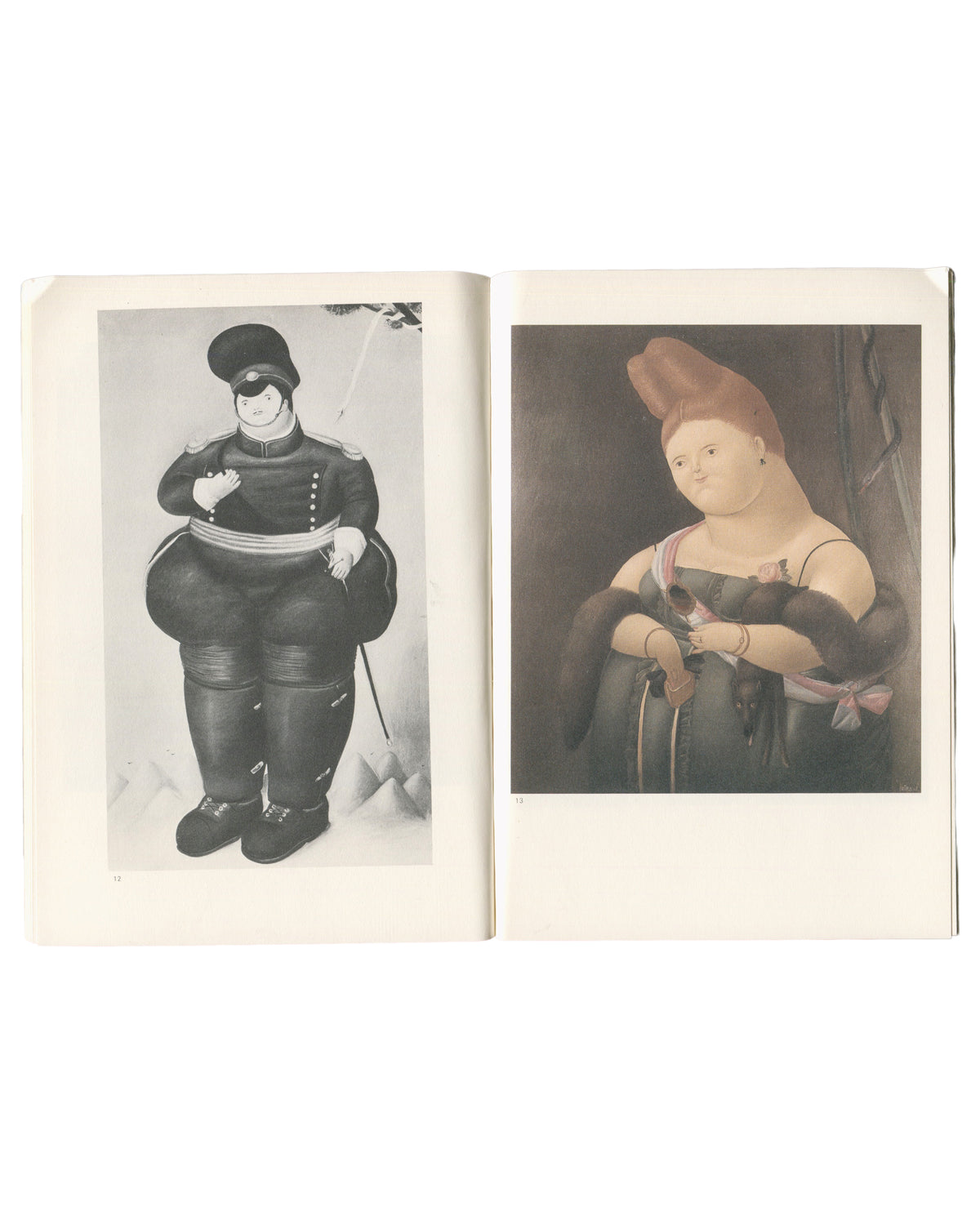 Fernando Botero, Diogenes, 1983, interior spread, uniformed military general, black-and-white; bourgeois woman with fur and dog, colour