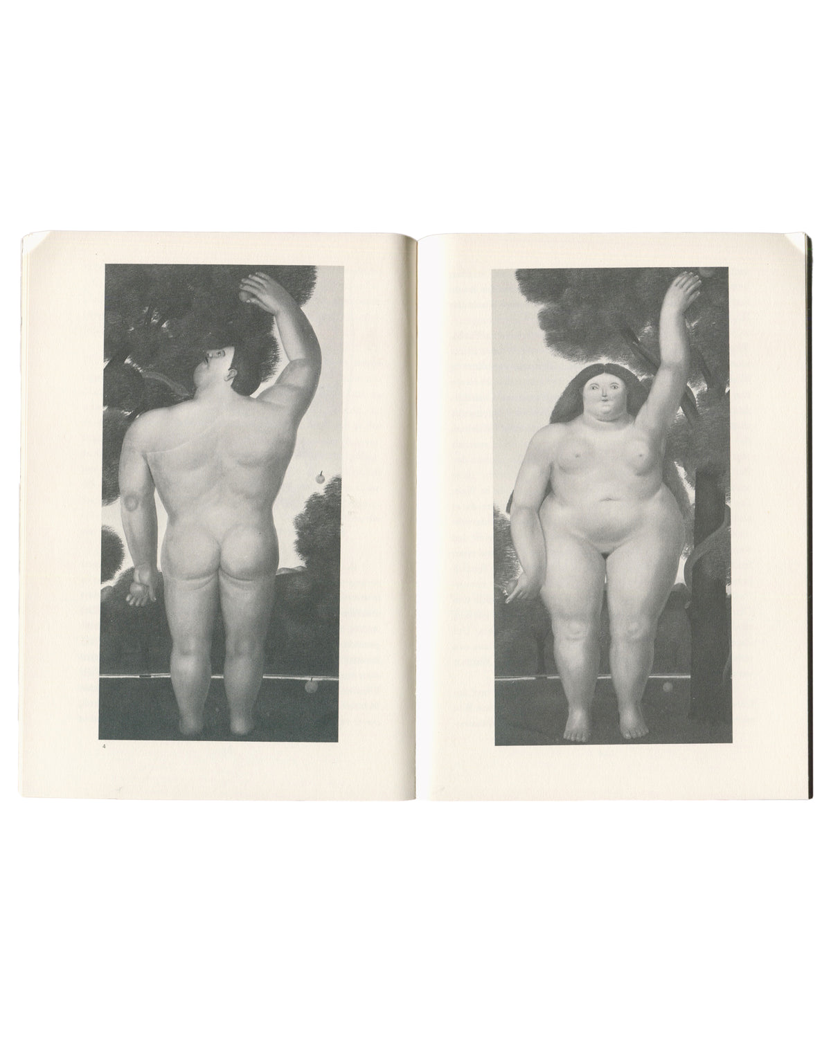 Fernando Botero, Diogenes, 1983, interior spread, Adam and Eve, two nude figures, black-and-white