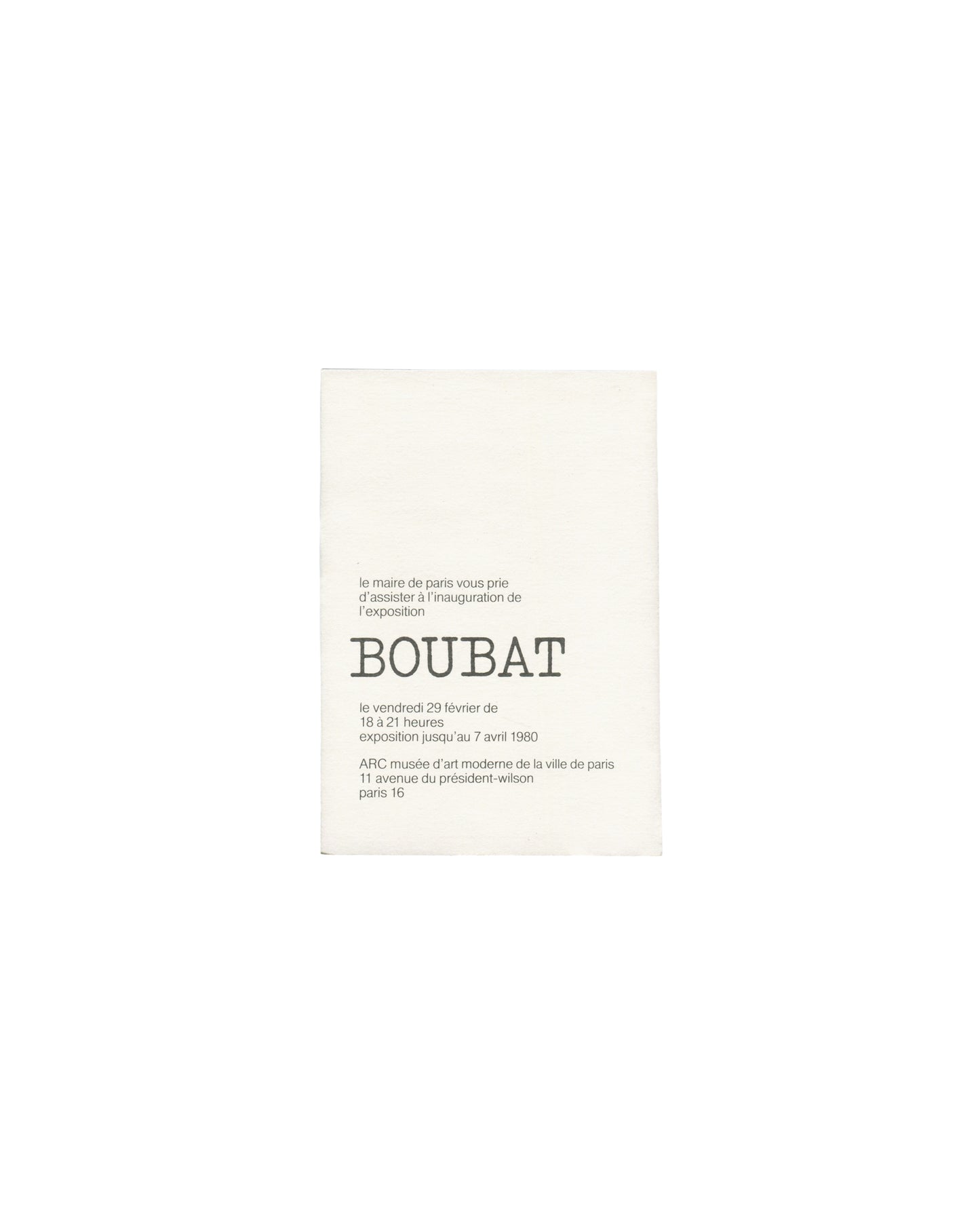 Édouard Boubat, Boubat par Boubat, ARC Musée d'Art moderne Paris 1980, invitation verso, typewriter typography, cream card