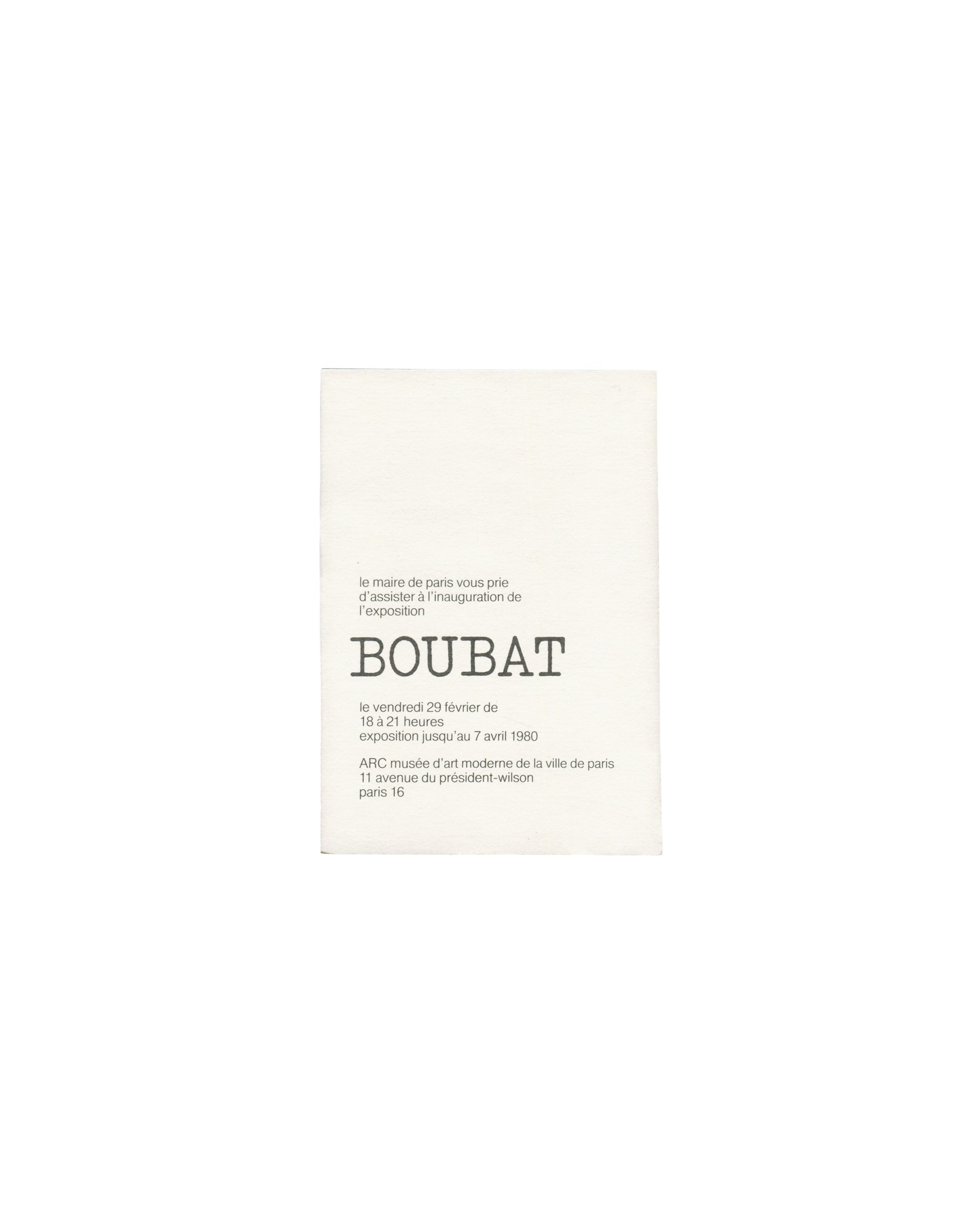 Édouard Boubat, Boubat par Boubat, ARC Musée d'Art moderne Paris 1980, invitation verso, typewriter typography, cream card