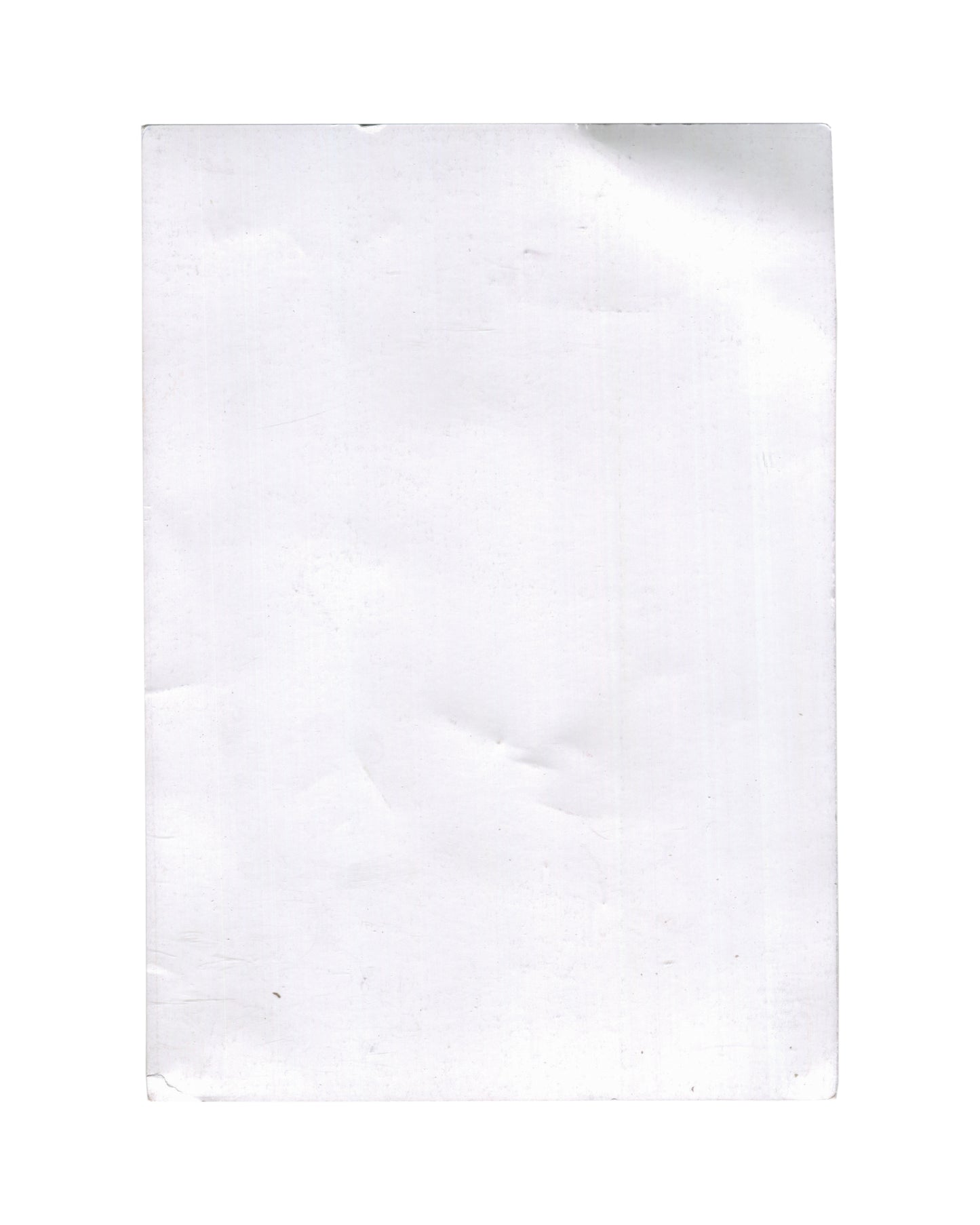 Reverse of 2024 Ne travaillez jamais exhibition invitation card, 22 rue Visconti, Paris — verso showing plain unprinted white card stock with visible handling marks, surface rubbing, light creasing, and pressure marks consistent with storage and circulation.