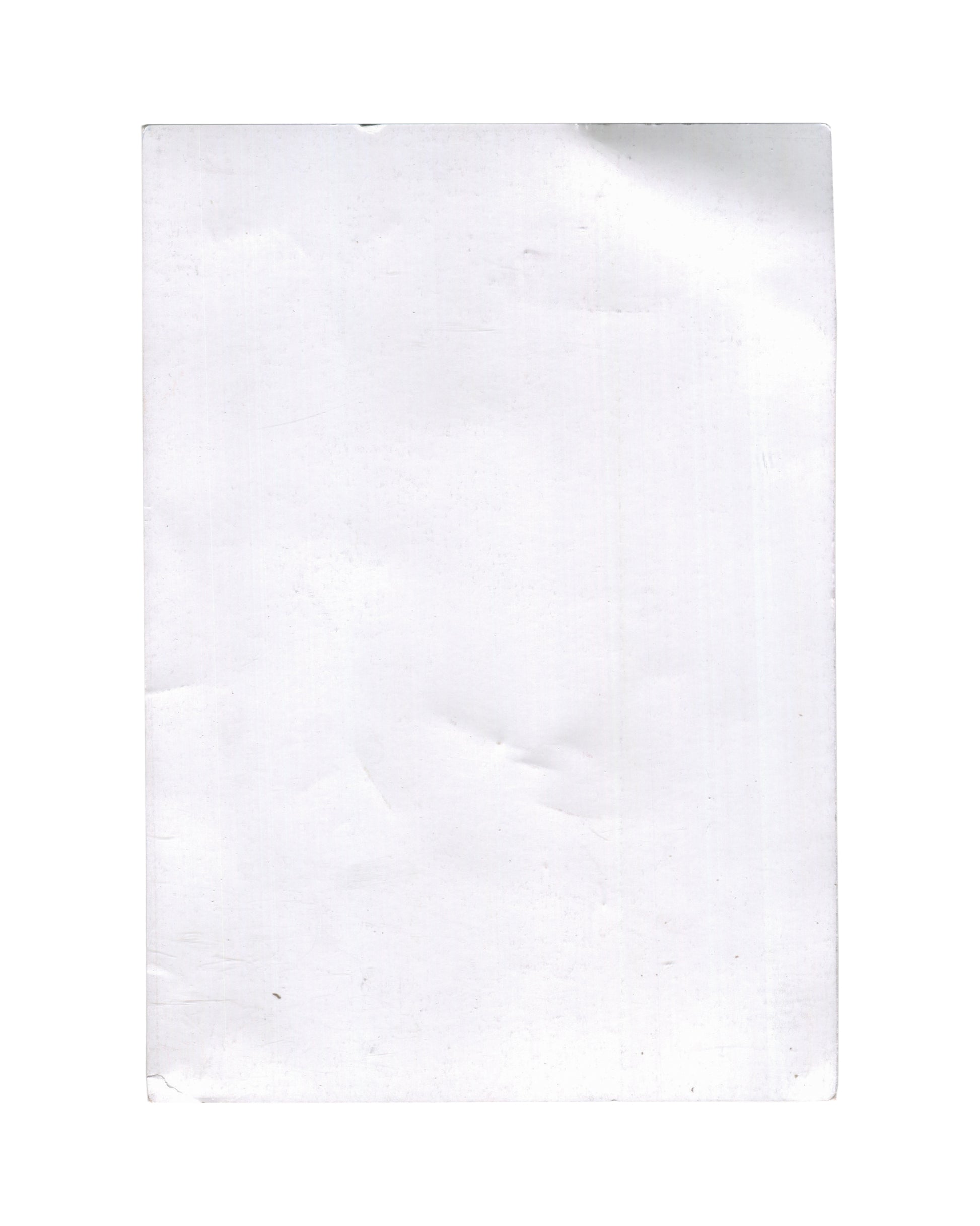 Reverse of 2024 Ne travaillez jamais exhibition invitation card, 22 rue Visconti, Paris — verso showing plain unprinted white card stock with visible handling marks, surface rubbing, light creasing, and pressure marks consistent with storage and circulation.