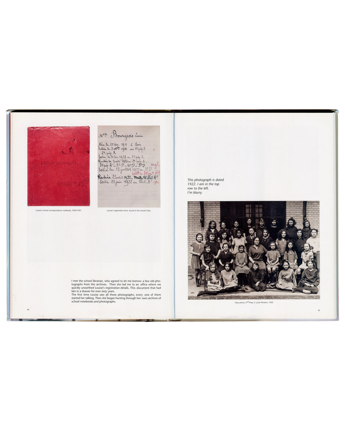 Louise Bourgeois, school correspondence notebook 1920–21, registration form, and class photograph, 1922, spread pp.44–45