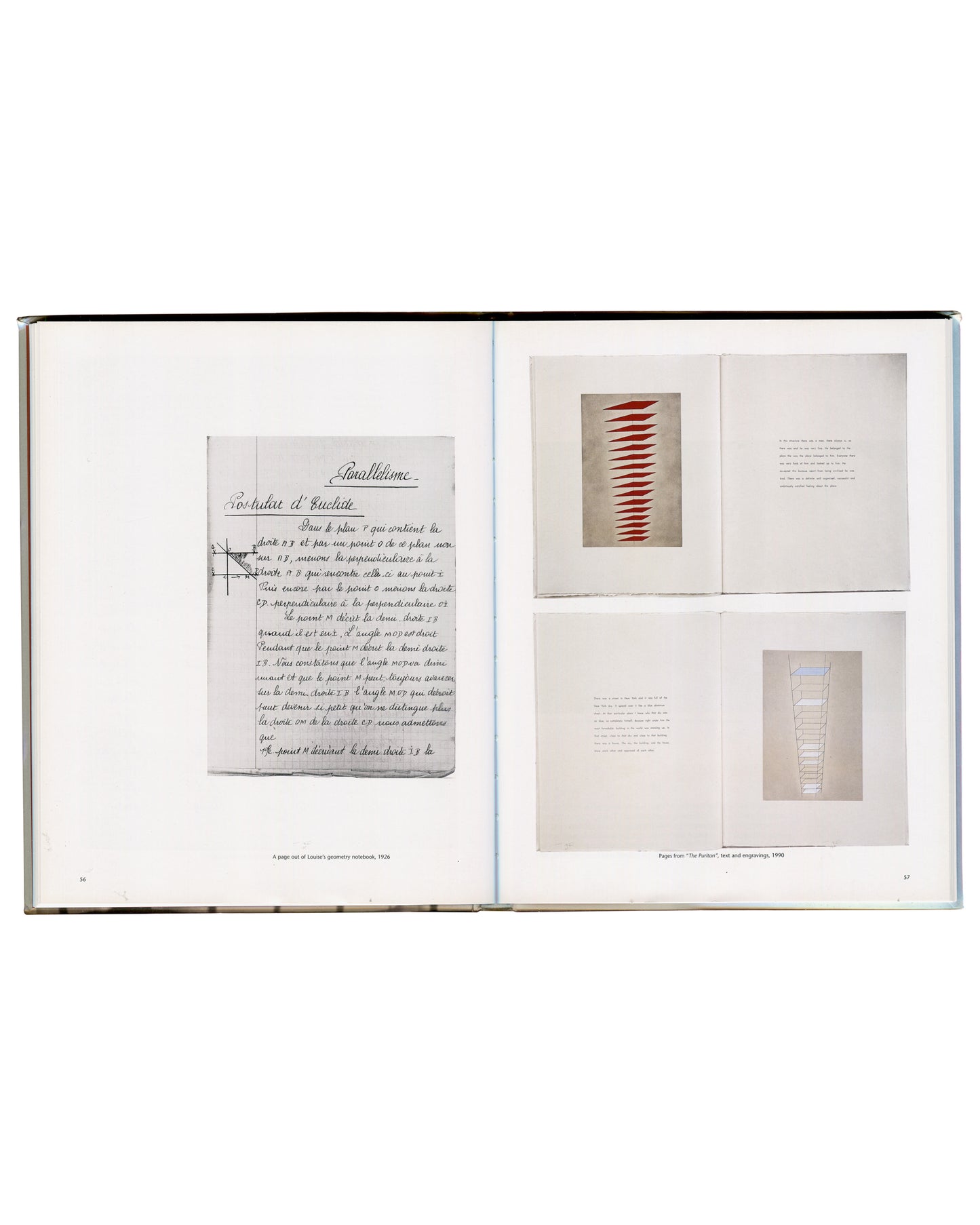 Louise Bourgeois, geometry notebook 1926, facing pages from The Puritan, text and engravings, 1990, spread pp.56–57