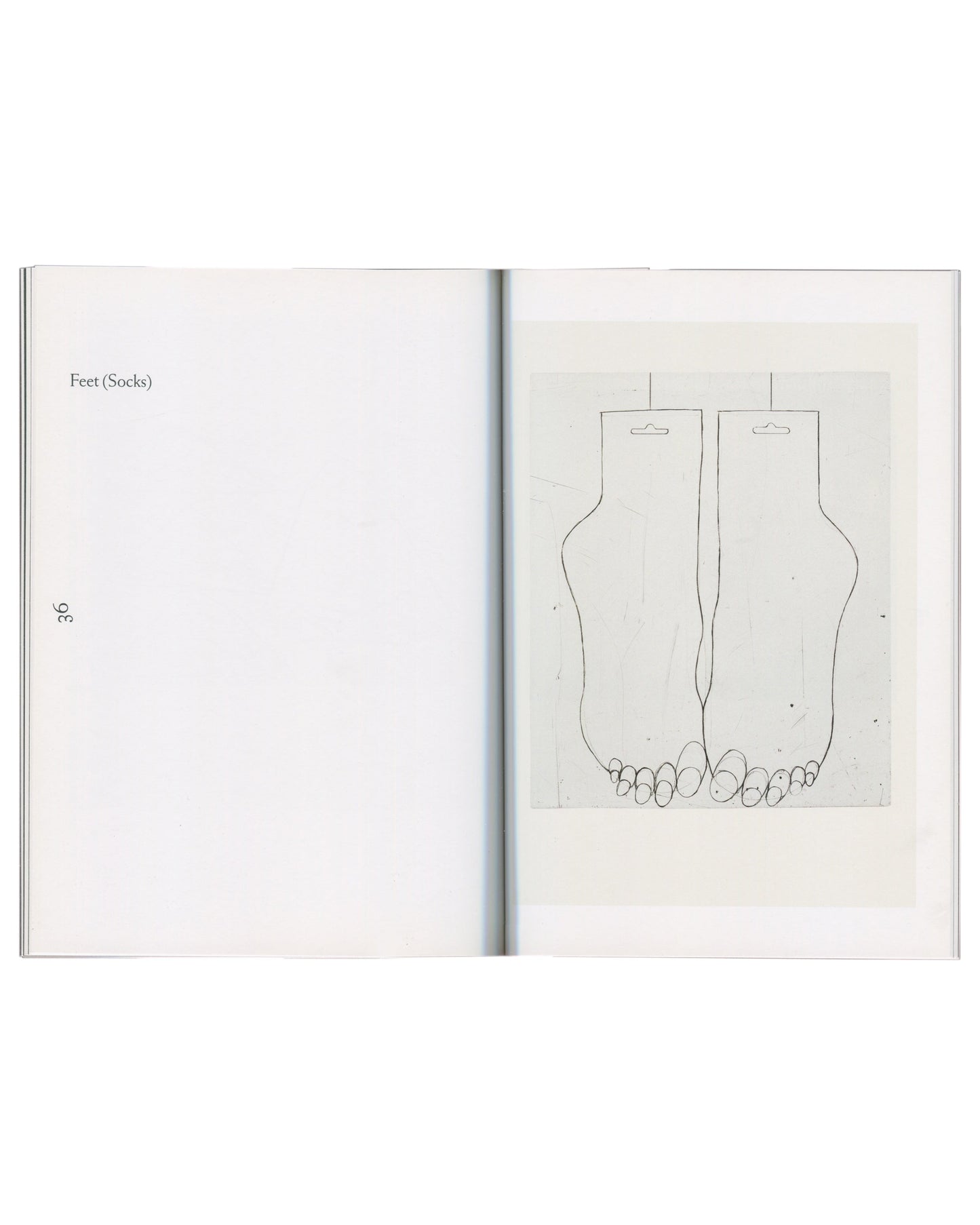 Exhibition catalogue interior spread, Louise Bourgeois, Autobiographical Prints, Hayward Publishing, 2016. Page 36: left page text ‘Feet (Socks)’ and page number; right page: drypoint print of two bare feet seen from above, toes curled, sock packaging hangers visible at top of each foot. Fine line on white ground. From the 11 Drypoints series, 1999.