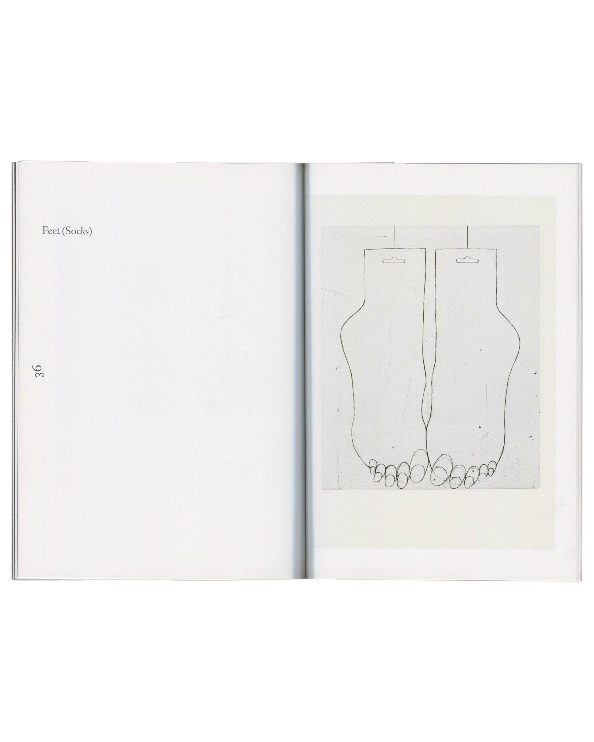 Exhibition catalogue interior spread, Louise Bourgeois, Autobiographical Prints, Hayward Publishing, 2016. Page 36: left page text ‘Feet (Socks)’ and page number; right page: drypoint print of two bare feet seen from above, toes curled, sock packaging hangers visible at top of each foot. Fine line on white ground. From the 11 Drypoints series, 1999.