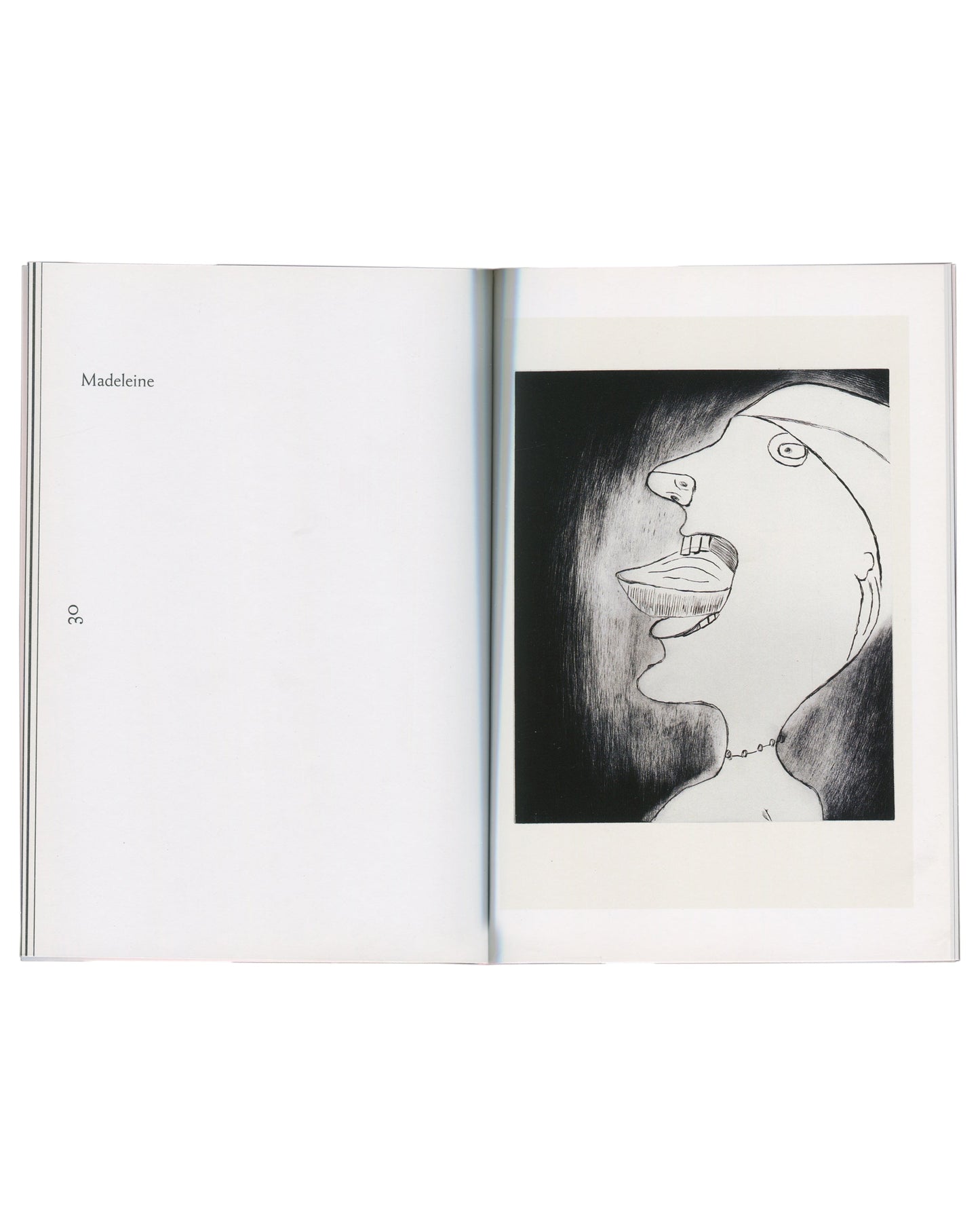 Exhibition catalogue interior spread, Louise Bourgeois, Autobiographical Prints, Hayward Publishing, 2016. Page 30: left page text ‘Madeleine’ and page number; right page: drypoint print of female profile in close-up, face half in shadow, eye visible, lips parted, chain at neck. Black and white, high contrast. From the Autobiographical Series, 1994.