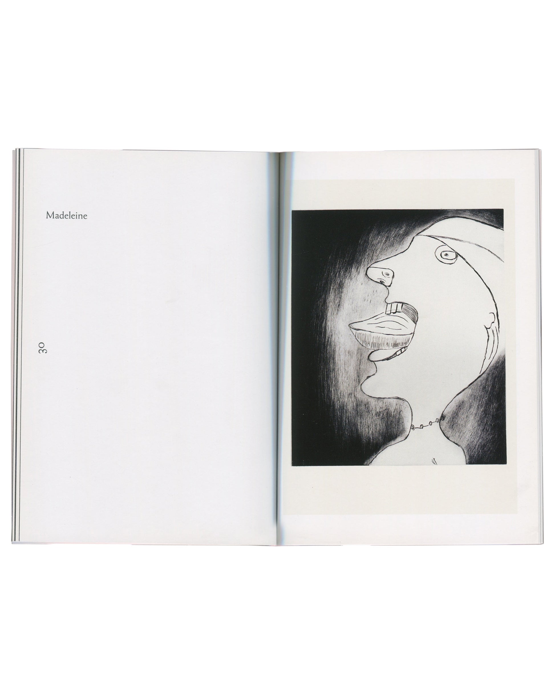 Exhibition catalogue interior spread, Louise Bourgeois, Autobiographical Prints, Hayward Publishing, 2016. Page 30: left page text ‘Madeleine’ and page number; right page: drypoint print of female profile in close-up, face half in shadow, eye visible, lips parted, chain at neck. Black and white, high contrast. From the Autobiographical Series, 1994.
