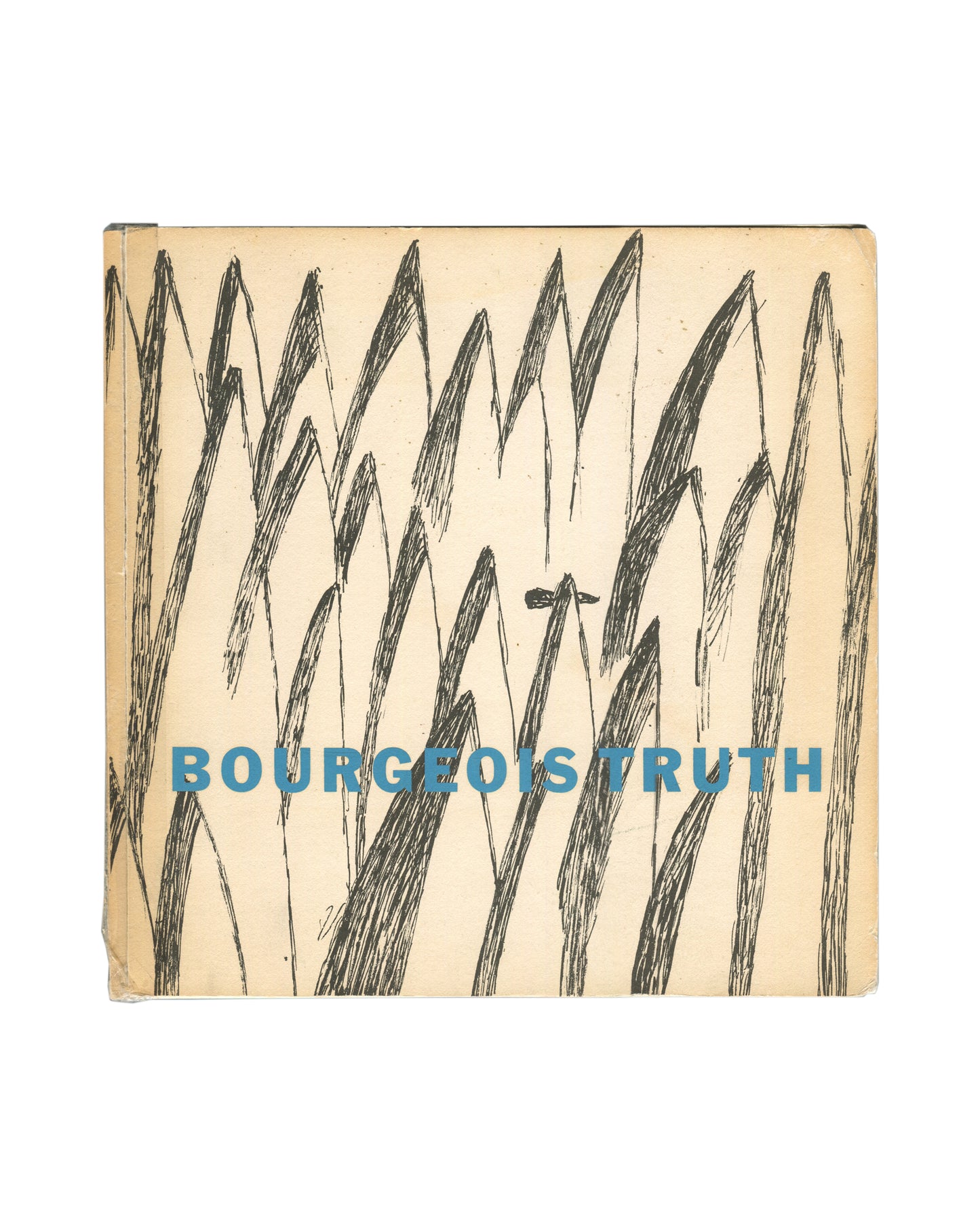 Original 1982 Louise Bourgeois Bourgeois Truth exhibition catalogue, Robert Miller Gallery, New York — cream square softcover with full-bleed black ink drawing of densely hatched grass-like blade forms on aged yellow-cream ground, no title text on cover