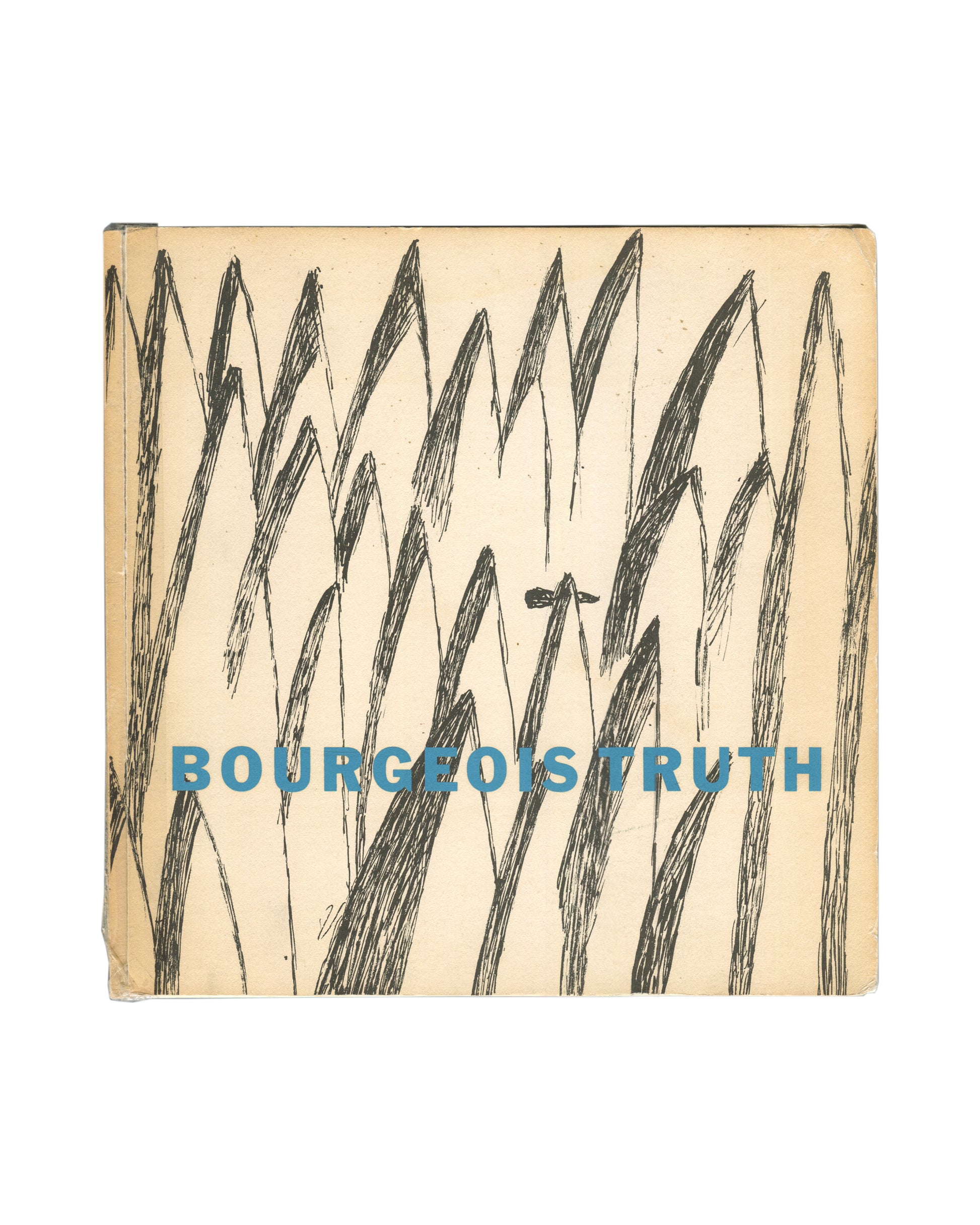 Original 1982 Louise Bourgeois Bourgeois Truth exhibition catalogue, Robert Miller Gallery, New York — cream square softcover with full-bleed black ink drawing of densely hatched grass-like blade forms on aged yellow-cream ground, no title text on cover