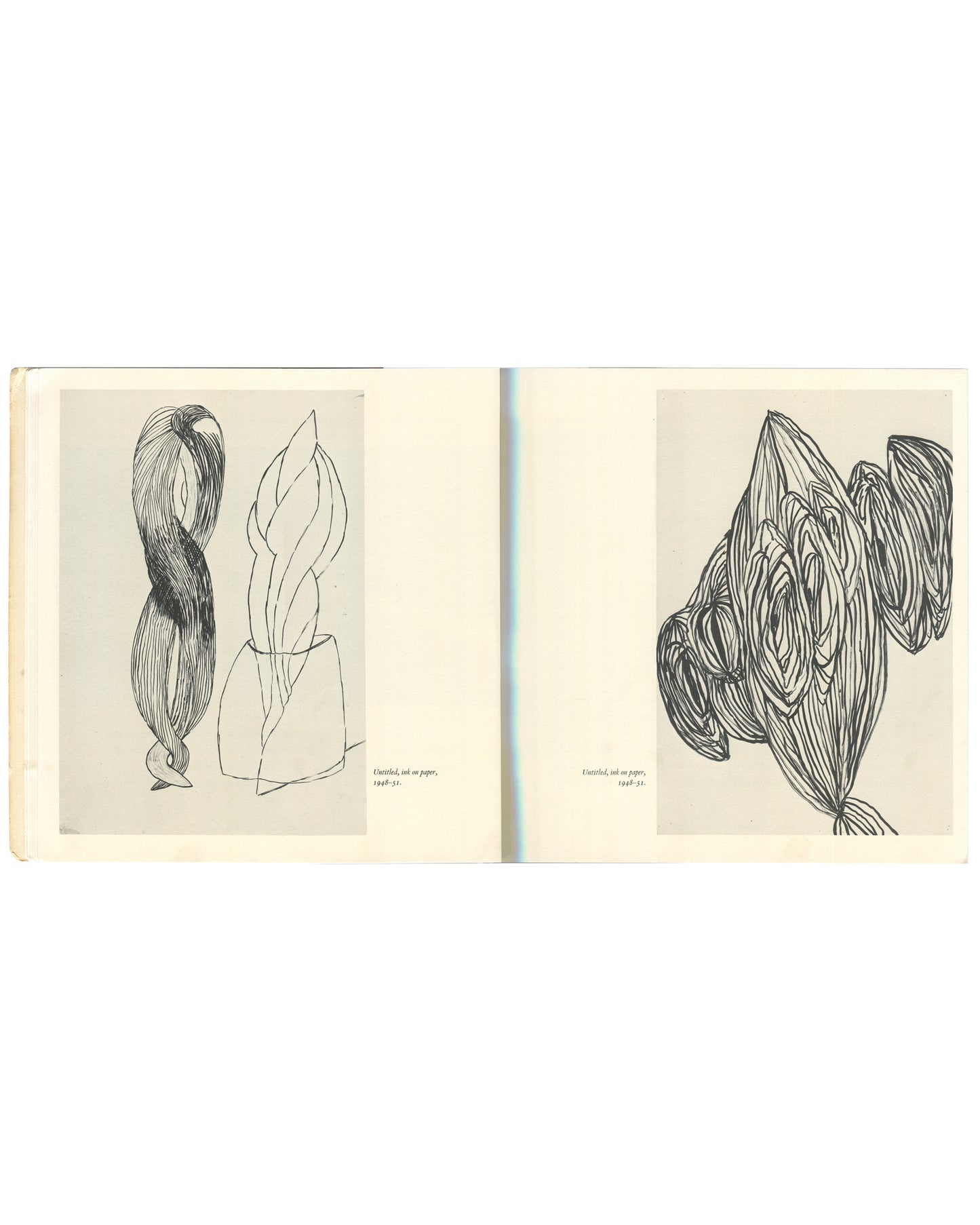 Interior spread of 1982 Louise Bourgeois Bourgeois Truth — two black-and-white plates of ink drawings on paper, 1949–51: left showing two vertical organic forms, one a twisted braid and one a flame-like shape rising from a vessel; right showing a dense layered petal or wing form in heavy crosshatched ink