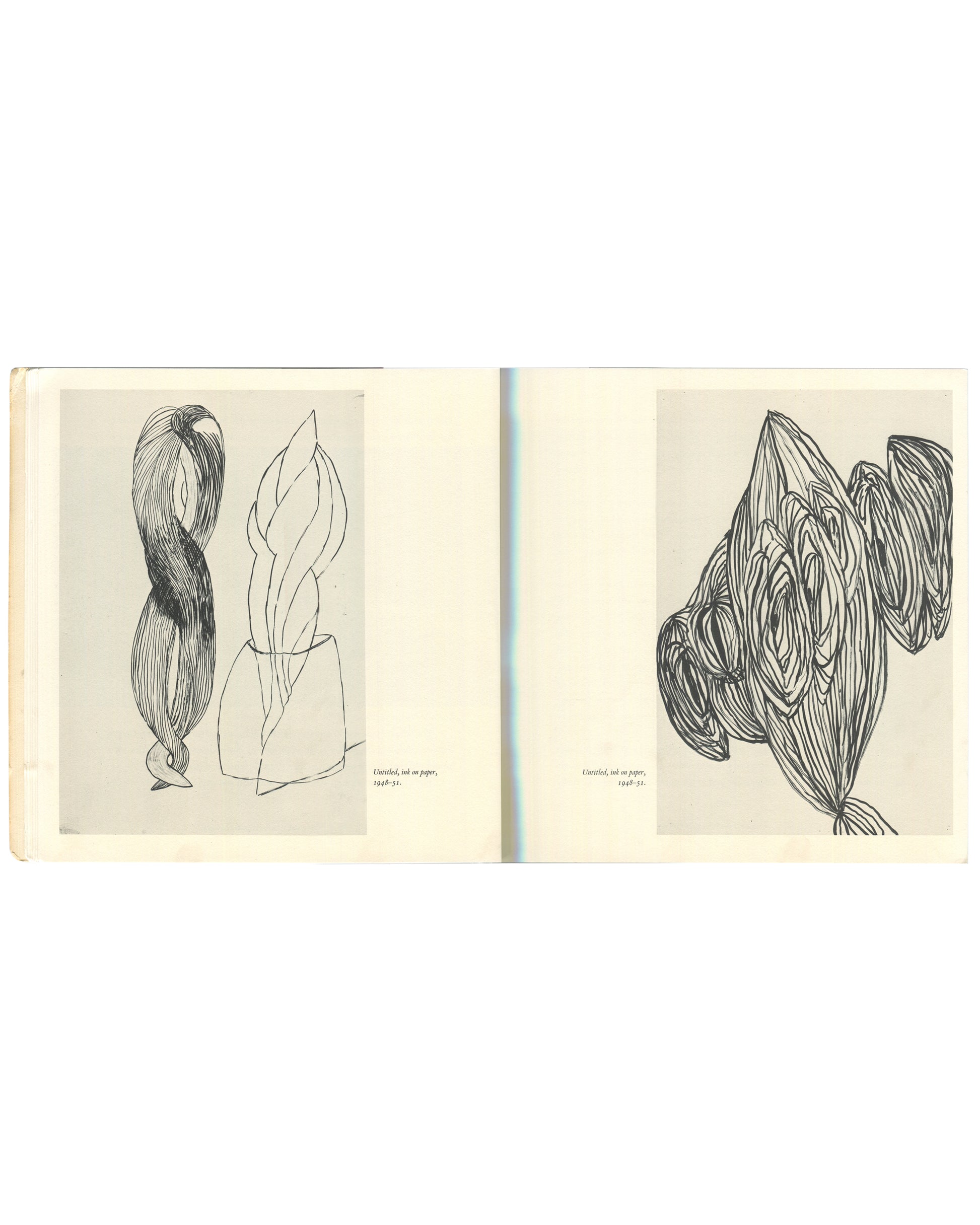 Interior spread of 1982 Louise Bourgeois Bourgeois Truth — two black-and-white plates of ink drawings on paper, 1949–51: left showing two vertical organic forms, one a twisted braid and one a flame-like shape rising from a vessel; right showing a dense layered petal or wing form in heavy crosshatched ink