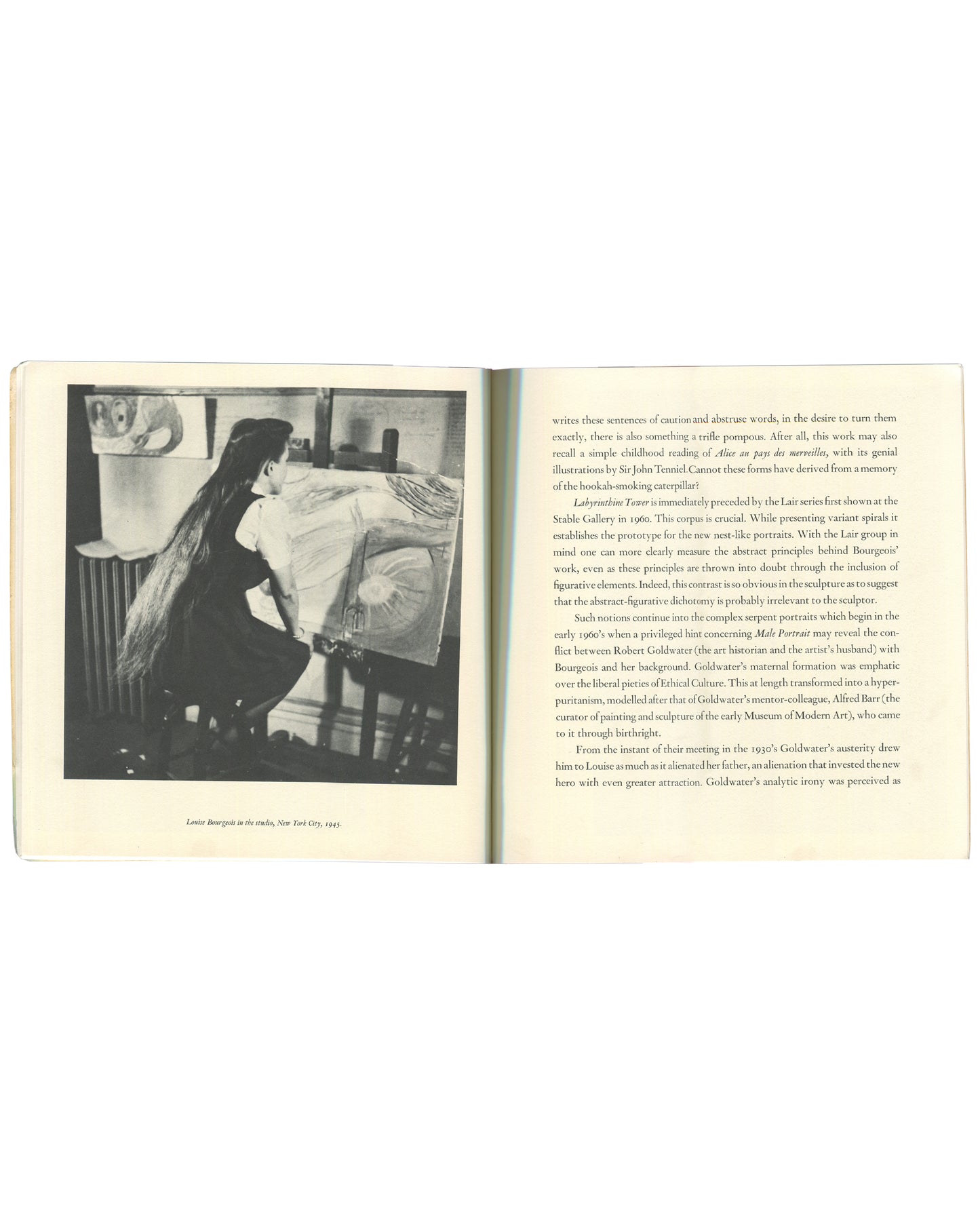 Interior spread of 1982 Louise Bourgeois Bourgeois Truth — left page with black-and-white photograph captioned 'Louise Bourgeois in the studio, New York City, 1945', showing the artist kneeling beside a large curved form; right page with two columns of critical essay text by Robert Pincus-Witten

