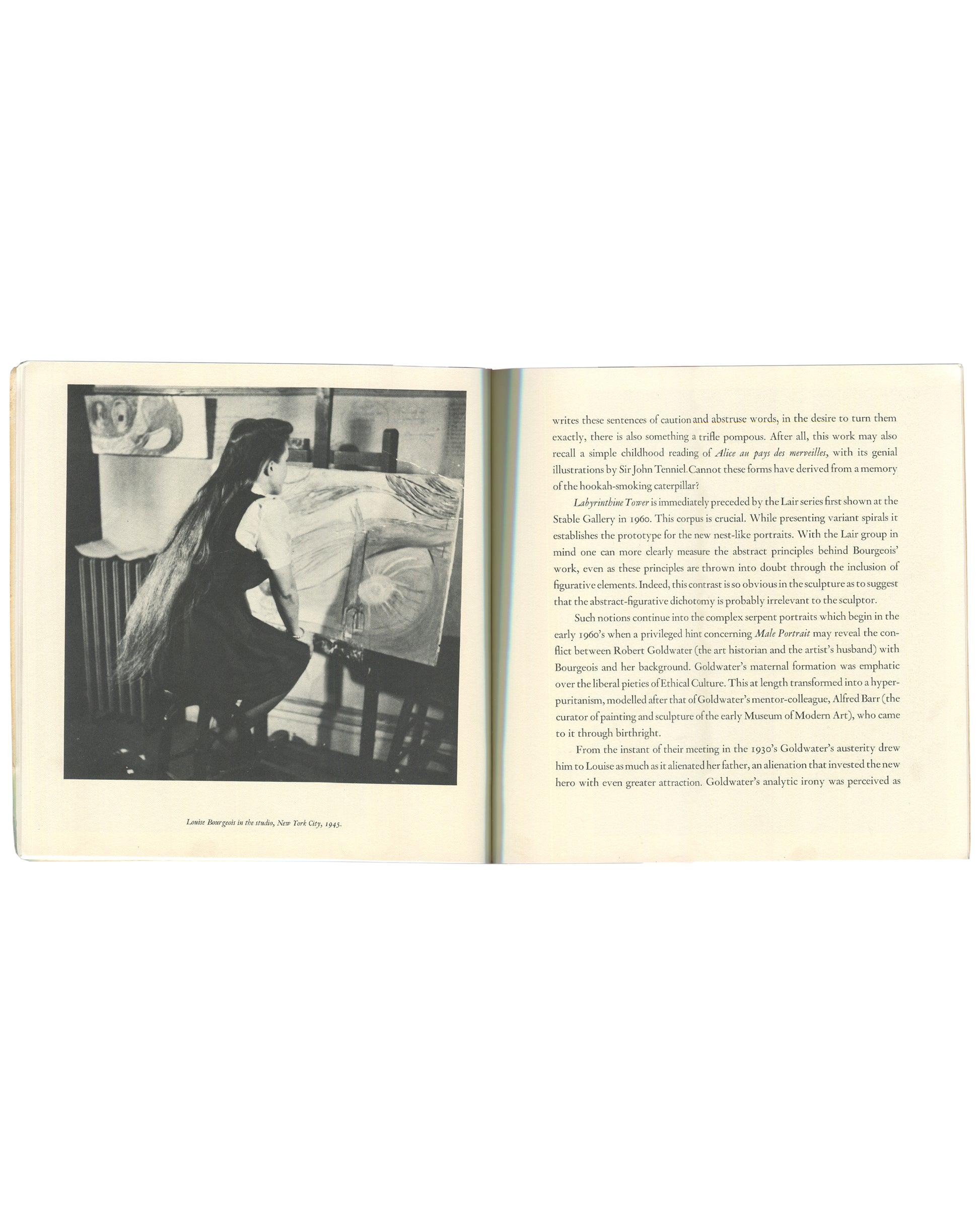 Interior spread of 1982 Louise Bourgeois Bourgeois Truth — left page with black-and-white photograph captioned 'Louise Bourgeois in the studio, New York City, 1945', showing the artist kneeling beside a large curved form; right page with two columns of critical essay text by Robert Pincus-Witten

