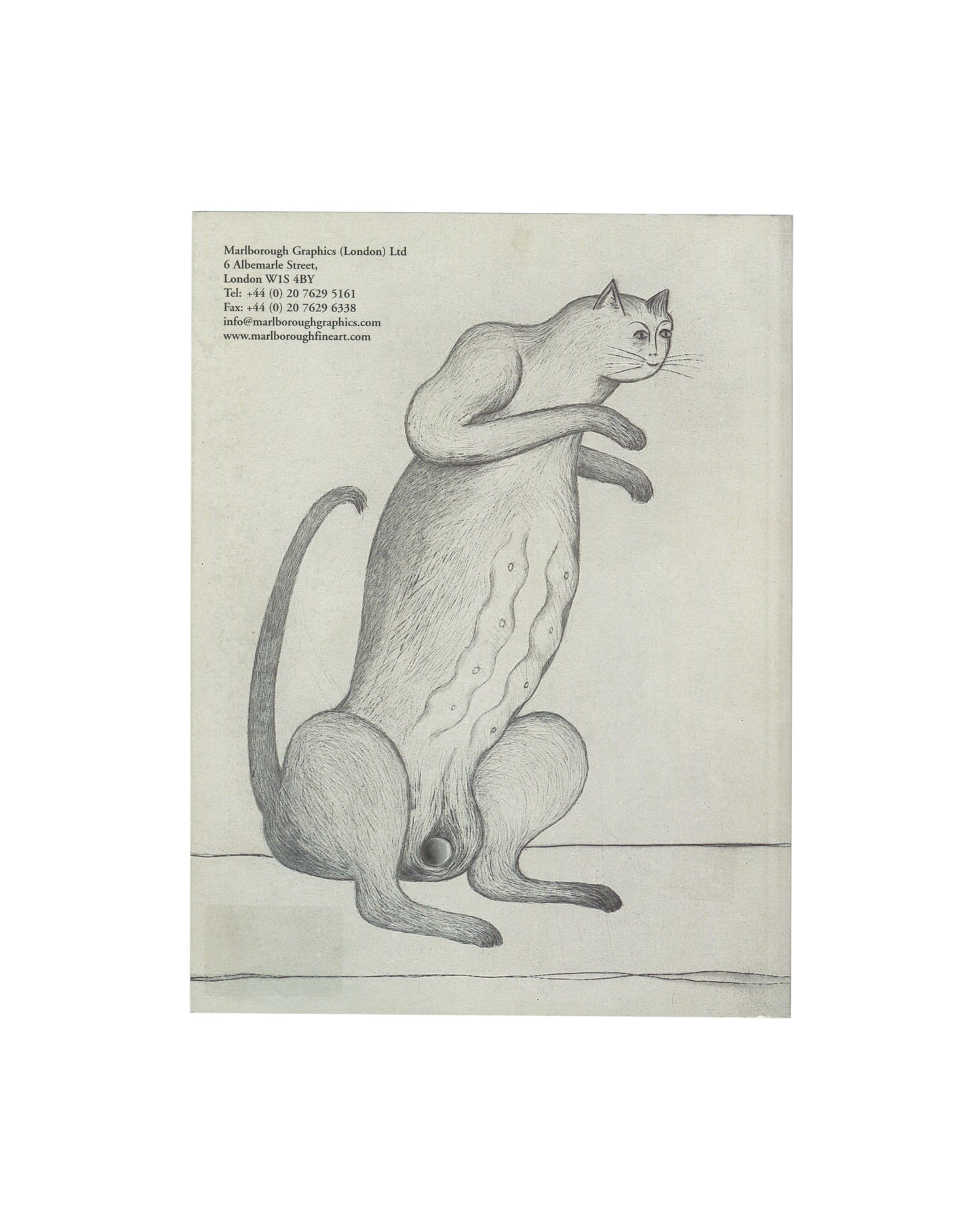 Reverse of 2005 Louise Bourgeois Selected Prints 1989–2005 exhibition catalogue, Marlborough Graphics, London. Back cover showing the same drypoint of The Angry Cat (1999) from behind: the cat's back, haunches and curling tail visible, rendered in fine hatched lines against a pale cream ground. Marlborough Graphics (London) Ltd contact details at upper left: 6 Albemarle Street, London W1S 4BY, telephone, fax and website.