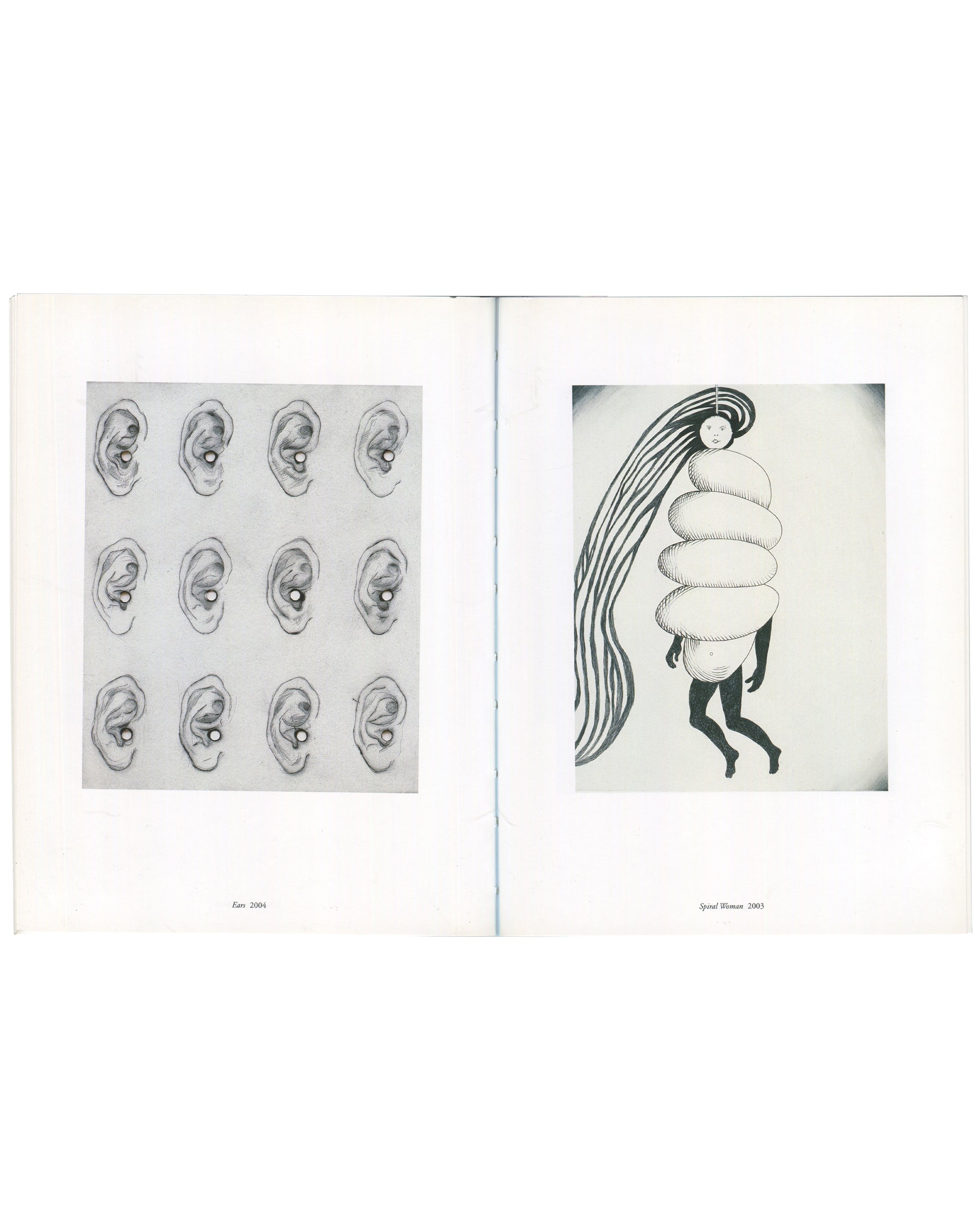 Interior spread of 2005 Louise Bourgeois Selected Prints 1989–2005 catalogue, Marlborough Graphics, London. Left page showing a reproduction of Ears (2004): a grid of twelve human ears in three rows of four, each with a small circular mark at the canal, on a pale grey ground. Caption 'Ears 2004' at lower left. Right page showing Spiral Woman (2003): a female figure whose torso is replaced by four stacked pale ovoid forms, long dark hair streaming upward in multiple strands, small legs walking below. Caption