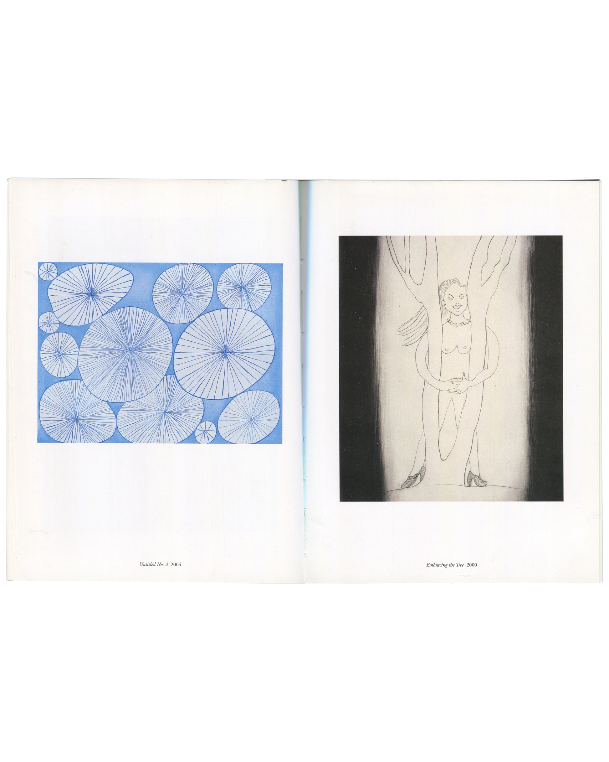  Interior spread of 2005 Louise Bourgeois Selected Prints 1989–2005 catalogue, Marlborough Graphics, London. Left page showing Untitled No. 2 (2004): a blue rectangular field filled with overlapping radiating circles of varying sizes, each composed of fine lines from a central point. Caption 'Untitled No. 2 2004' at lower left. Right page showing Embracing the Tree (2000): a female figure with arms raised into two dark vertical tree trunks, body suspended between them, small breasts and heels visible, dark 