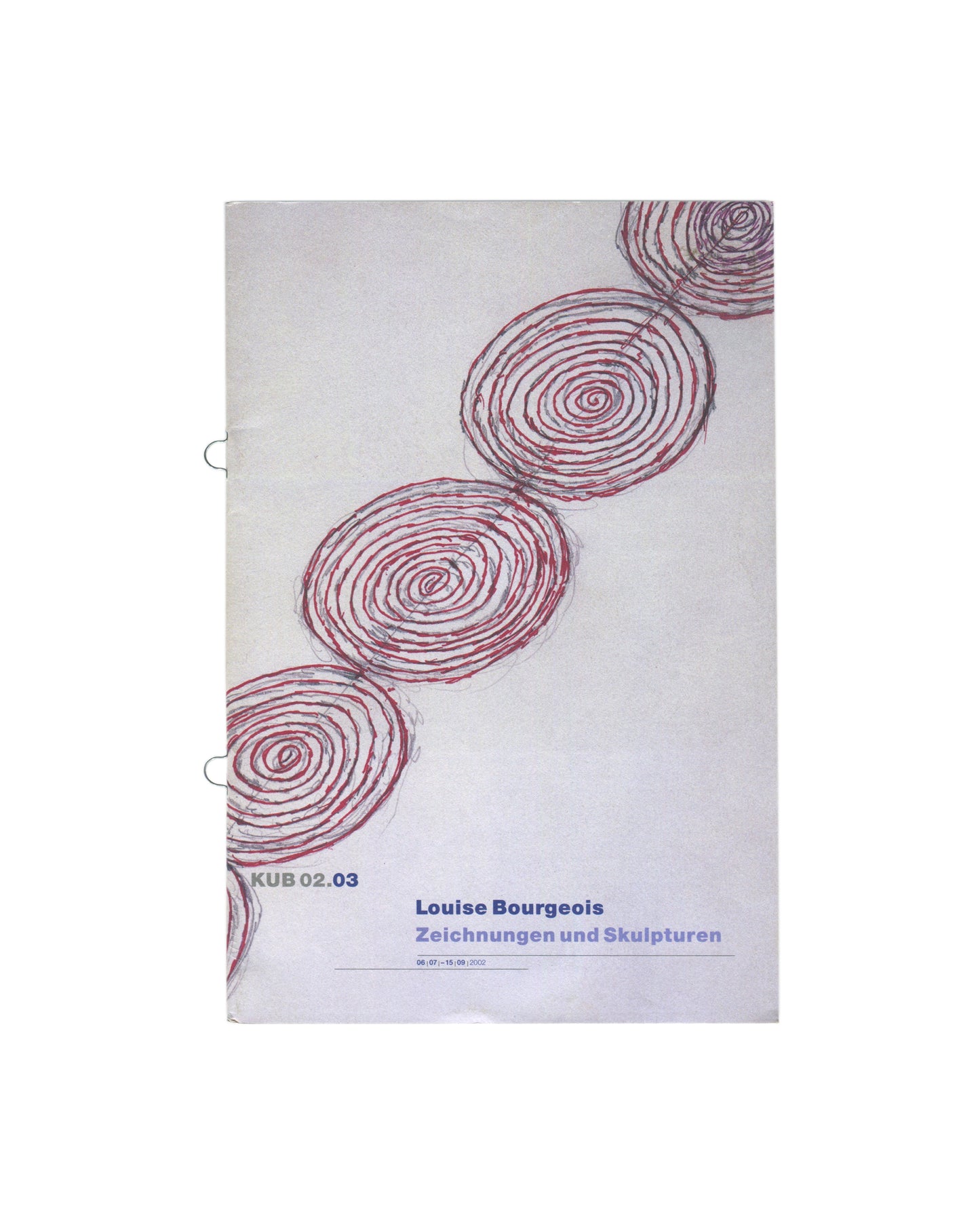 Original 2002 Louise Bourgeois Zeichnungen und Skulpturen exhibition programme, Kunsthaus Bregenz, KUB 02.03. Front cover showing a pale grey ground with four overlapping spiral coils in red and grey pencil — reproducing Bourgeois's drawing On the Tile (1998) — arranged diagonally from lower left to upper right. Blue sans-serif text at lower right reads 'Louise Bourgeois / Zeichnungen und Skulpturen' with exhibition dates below. KUB 02.03 identifier at lower left. Loop-stapled binding visible at left edge. 