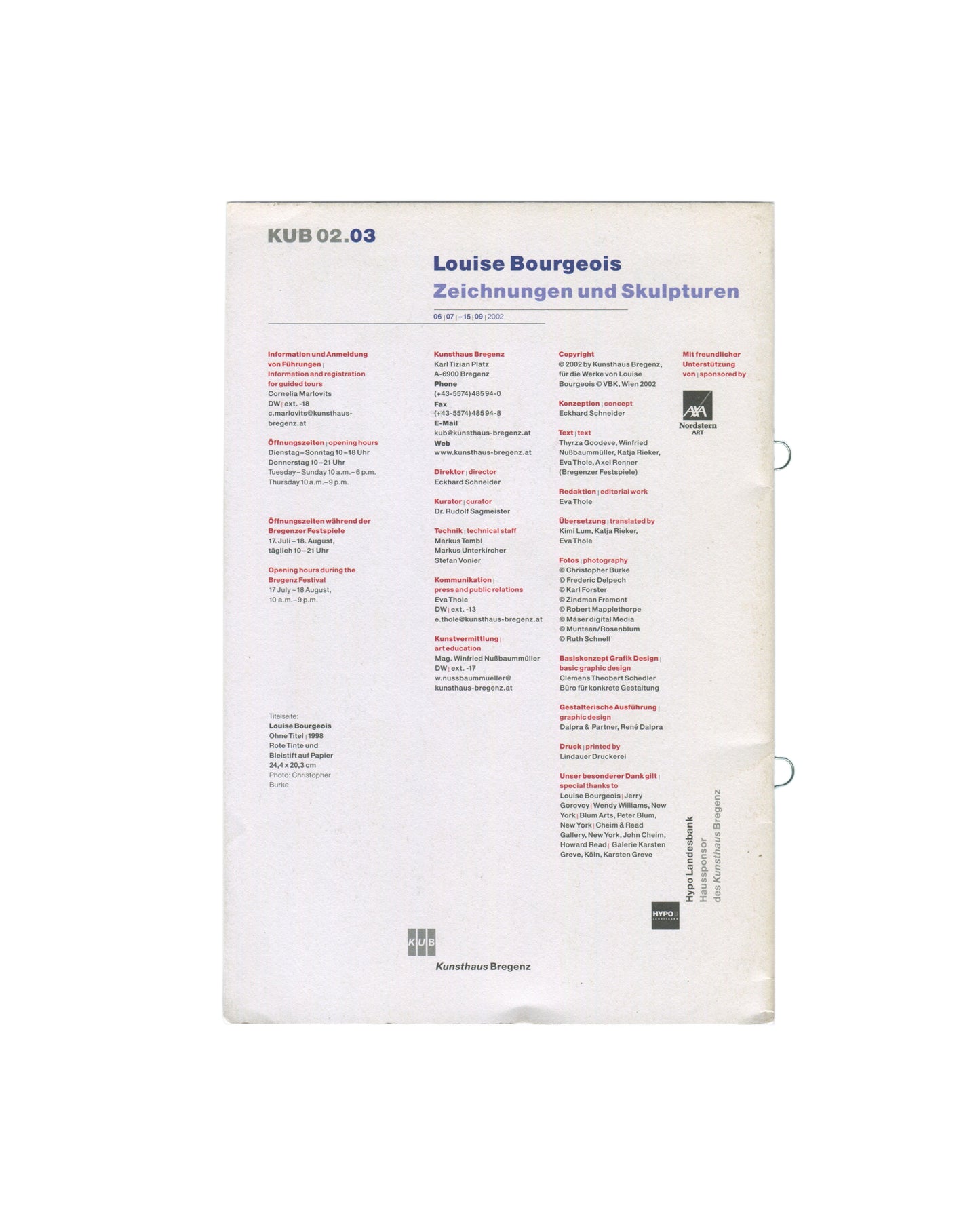 Reverse showing full production and copyright information in two-column layout: exhibition dates 06.07–15.09.2002, Kunsthaus Bregenz contact details, director Eckhard Schneider, curator Dr Rudolf Sagmeister, copyright notice, text credits (Thunza Goodeve, Winifred Nußbaummüller, Katja Rieker, Eva Thole, Axel Renner), graphic design (Dapora & Partner, René Dapora), printer (Lindauer Druckerei), sponsors including Hypo Landesbank and AXA Nordstern Art.