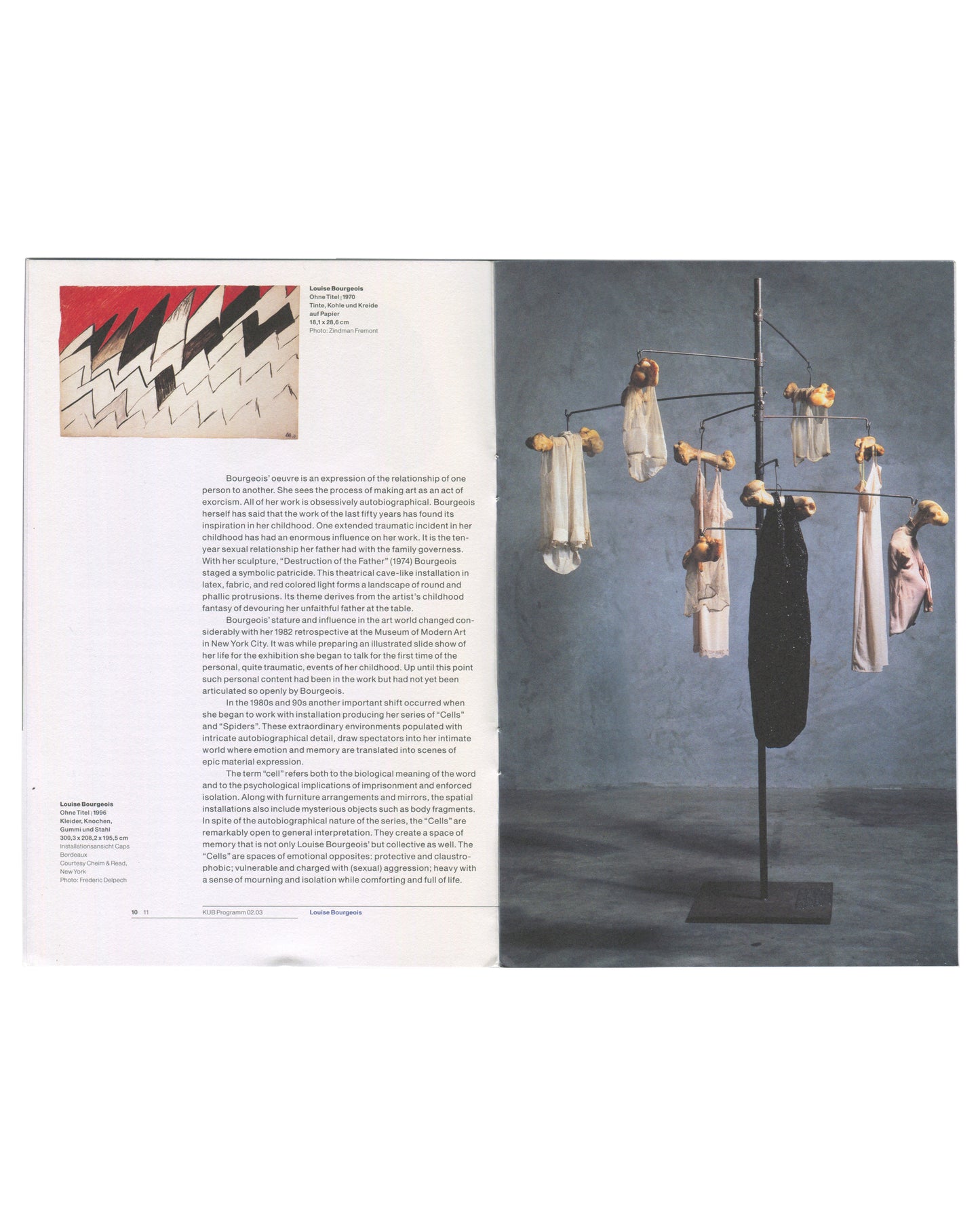 Left: colour reproduction of Ohne Titel (1970), jagged black and red zigzag forms on white paper. Right: large colour photograph of Ohne Titel (1990), a mobile-like structure suspending pale fabric garments and organic forms from horizontal arms. Essay text in two columns below.