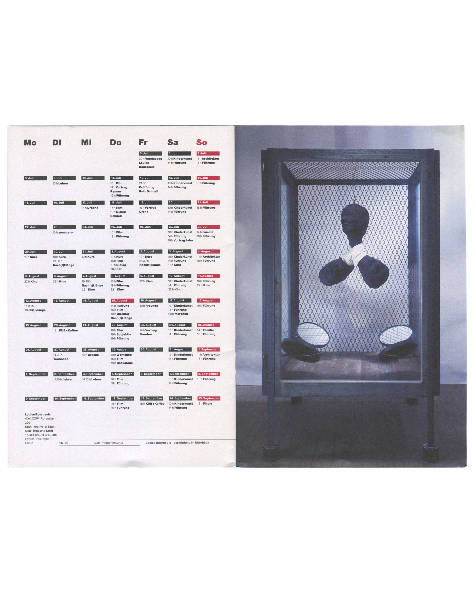 full exhibition calendar in grid format (Mo–So, July–September 2002) listing guided tours, films, lectures and workshops, with caption for Cell XXIV (Portrait) (2000). Right: large colour photograph of Cell XXIV (Portrait) (2000) — black wire mesh cage enclosing a pale biomorphic figure with three rounded protrusions on a metal rod — against a dark grey ground.