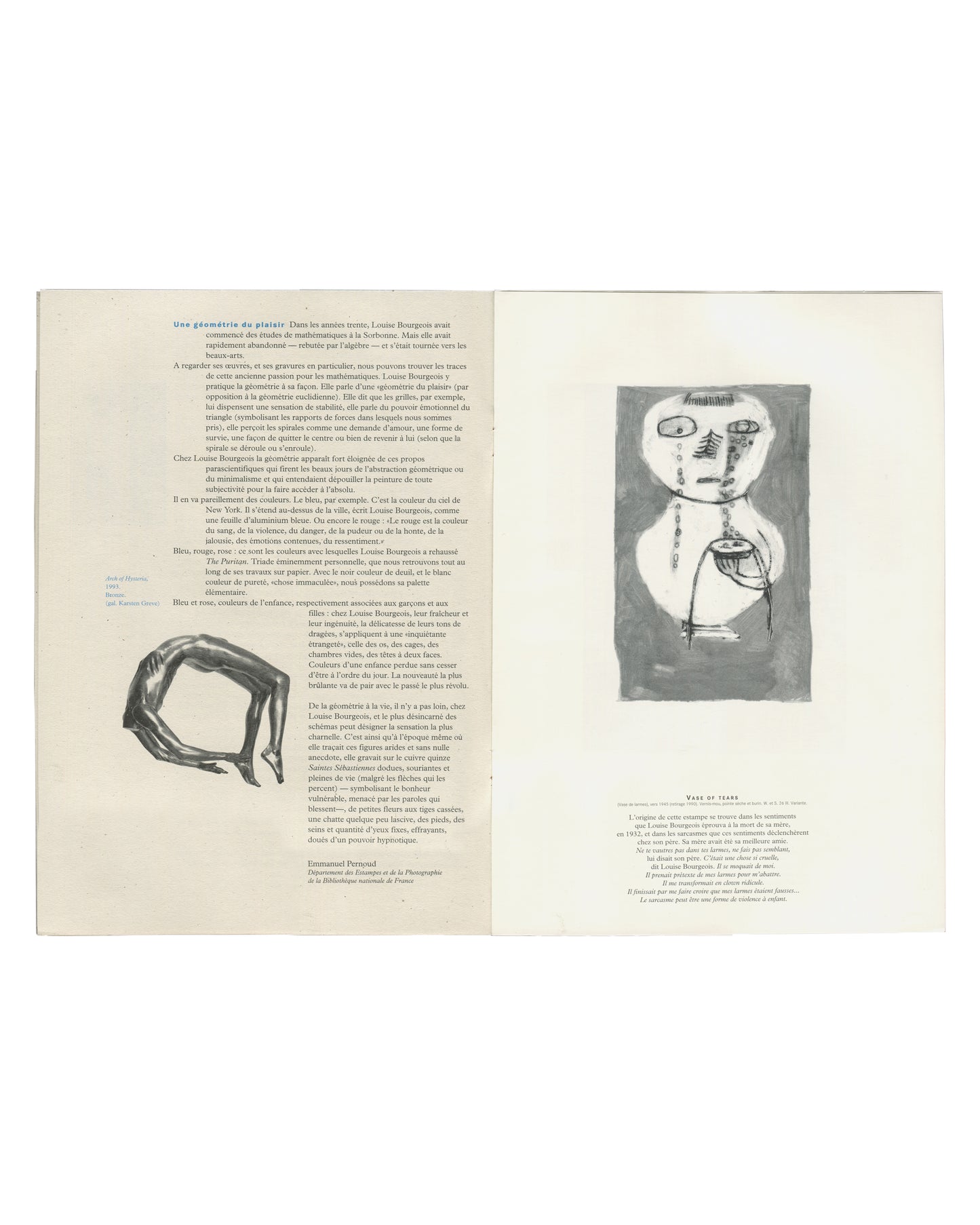 Louise Bourgeois, Estampes, 1995, interior spread with Pernoud essay, Vase of Tears print and bronze hand sculpture