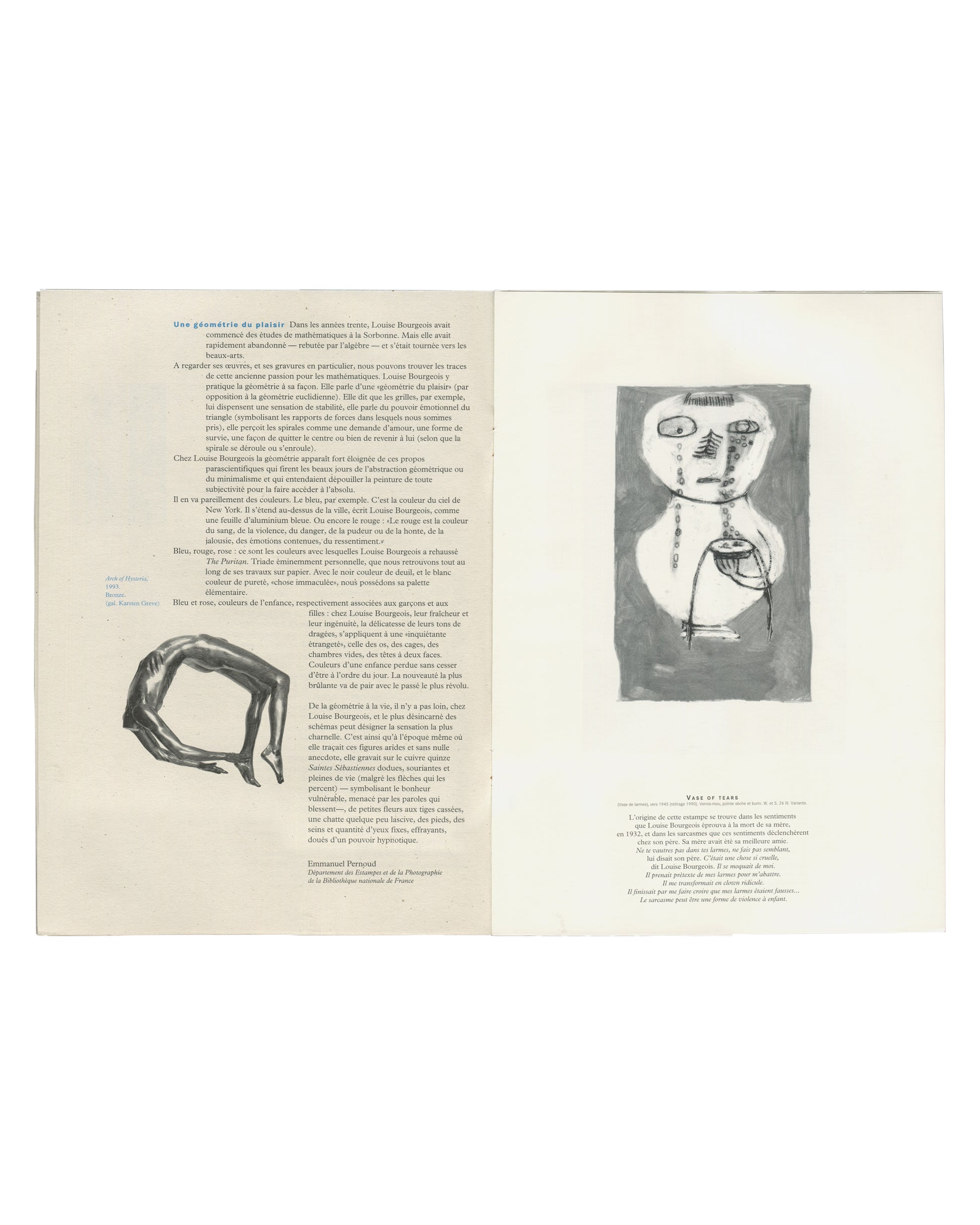Louise Bourgeois, Estampes, 1995, interior spread with Pernoud essay, Vase of Tears print and bronze hand sculpture