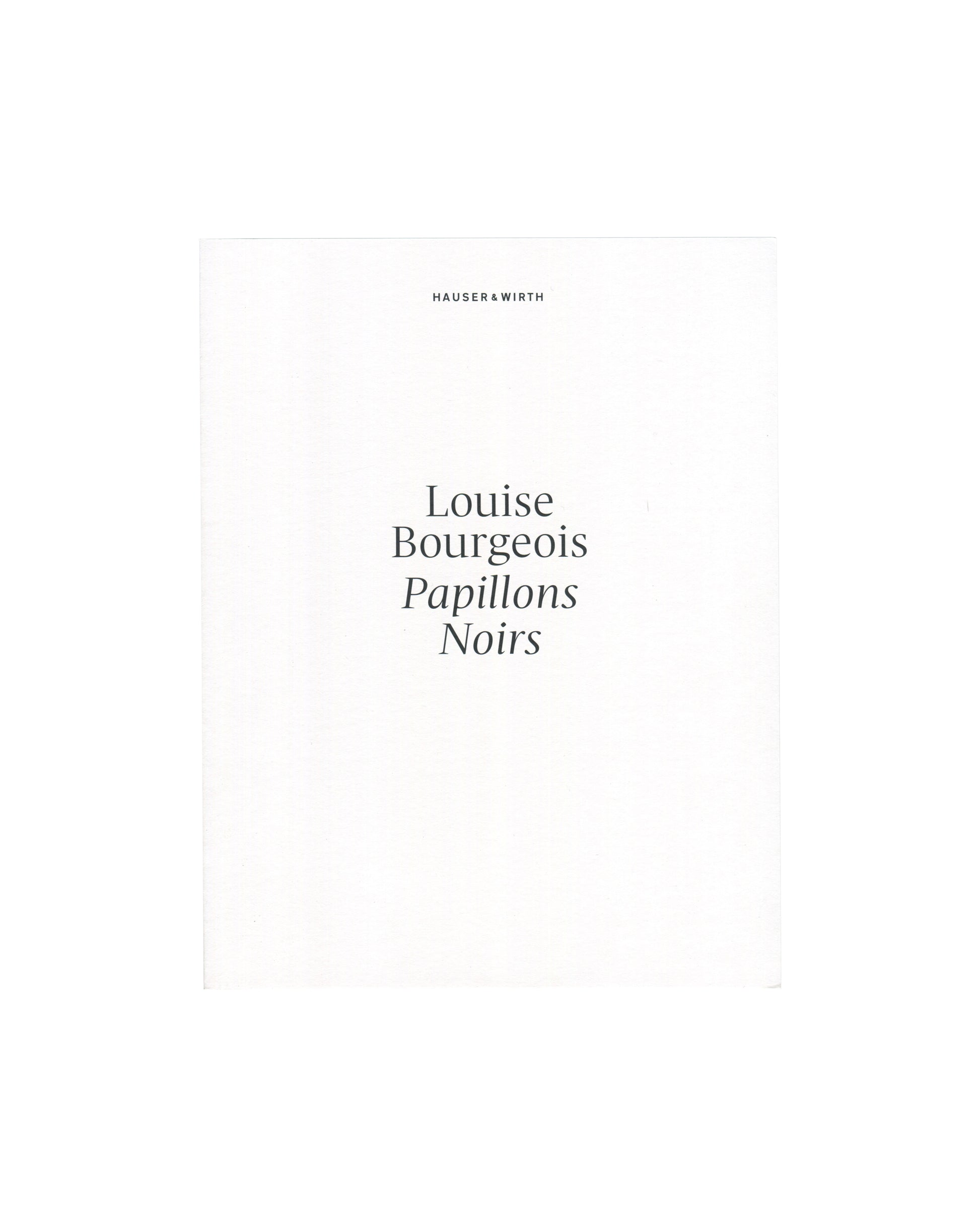 Louise Bourgeois, Papillons Noirs, exhibition announcement back cover. Hauser & Wirth, St. Moritz, 2018–2019. White card. Large centred italic serif text: '»The sound of a pebble that falls in the black and distant water of a well. the unconscious memories that are reborn.«' Caption in small type at foot: 'LOUISE BOURGEOIS, C. APRIL–MAY, 1959, LOOSE SHEET; 26 × 16 CM | 8¾ × 5⅛ IN © THE EASTON FOUNDATION'. Plain white ground, no image.

