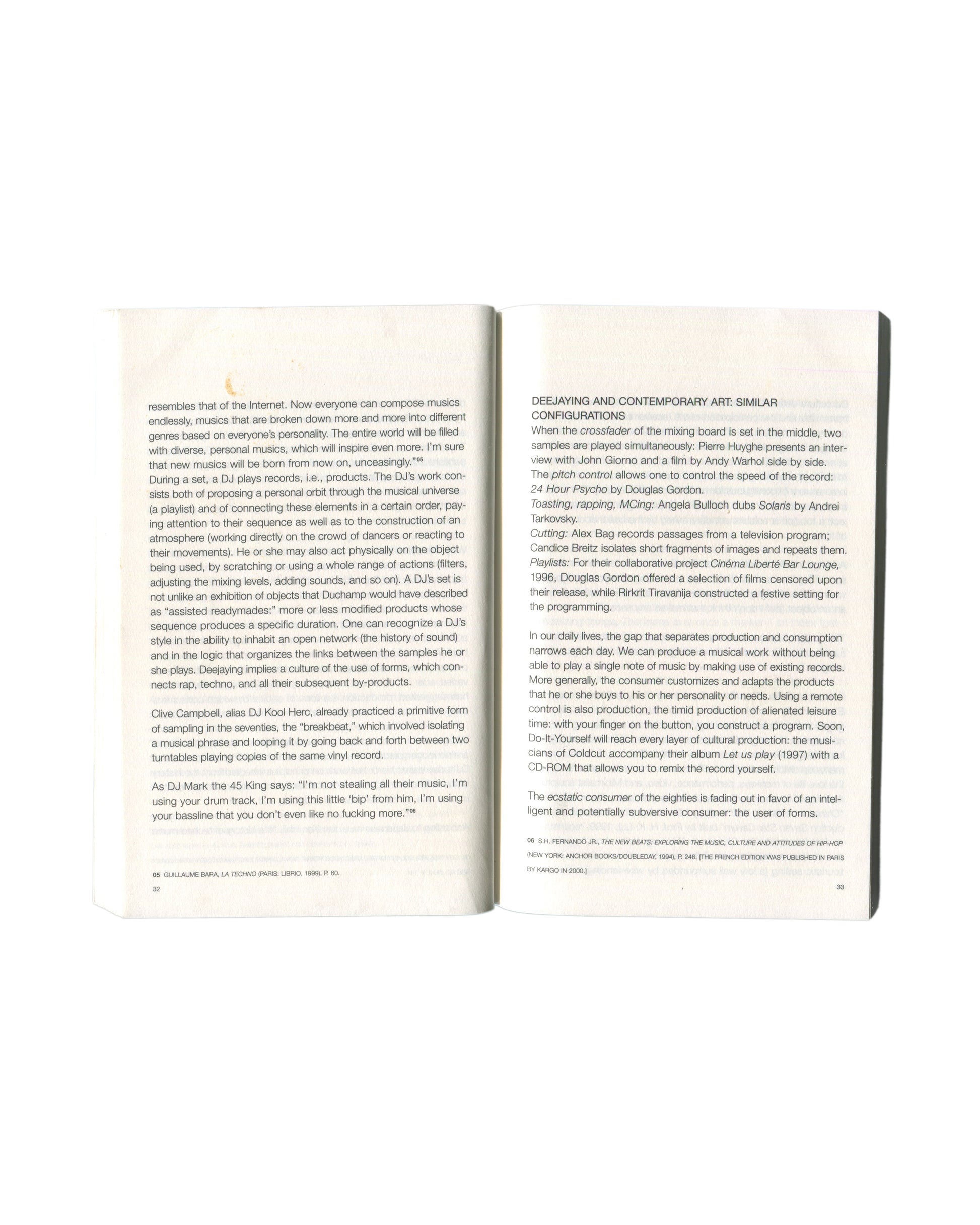 Interior spread of 2002 Nicolas Bourriaud Postproduction showing chapter on Deejaying and Contemporary Art with body text and footnotes.