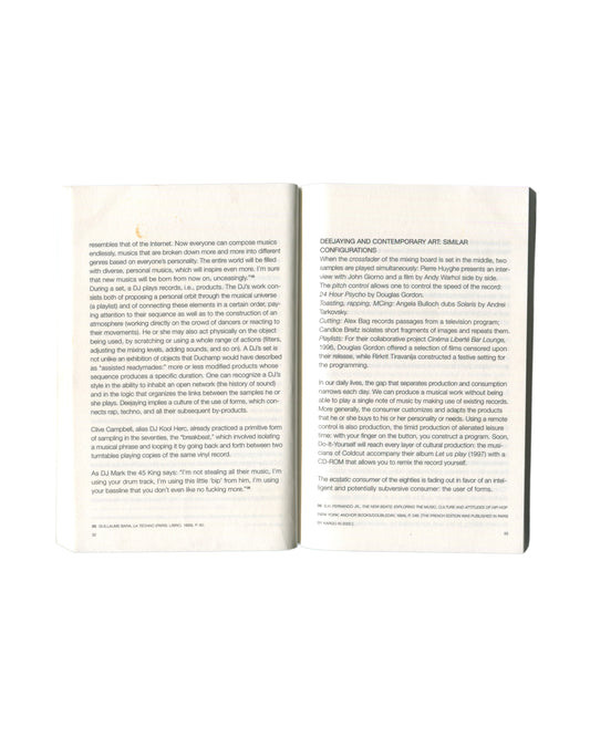 Interior spread of 2002 Nicolas Bourriaud Postproduction showing chapter on Deejaying and Contemporary Art with body text and footnotes.
