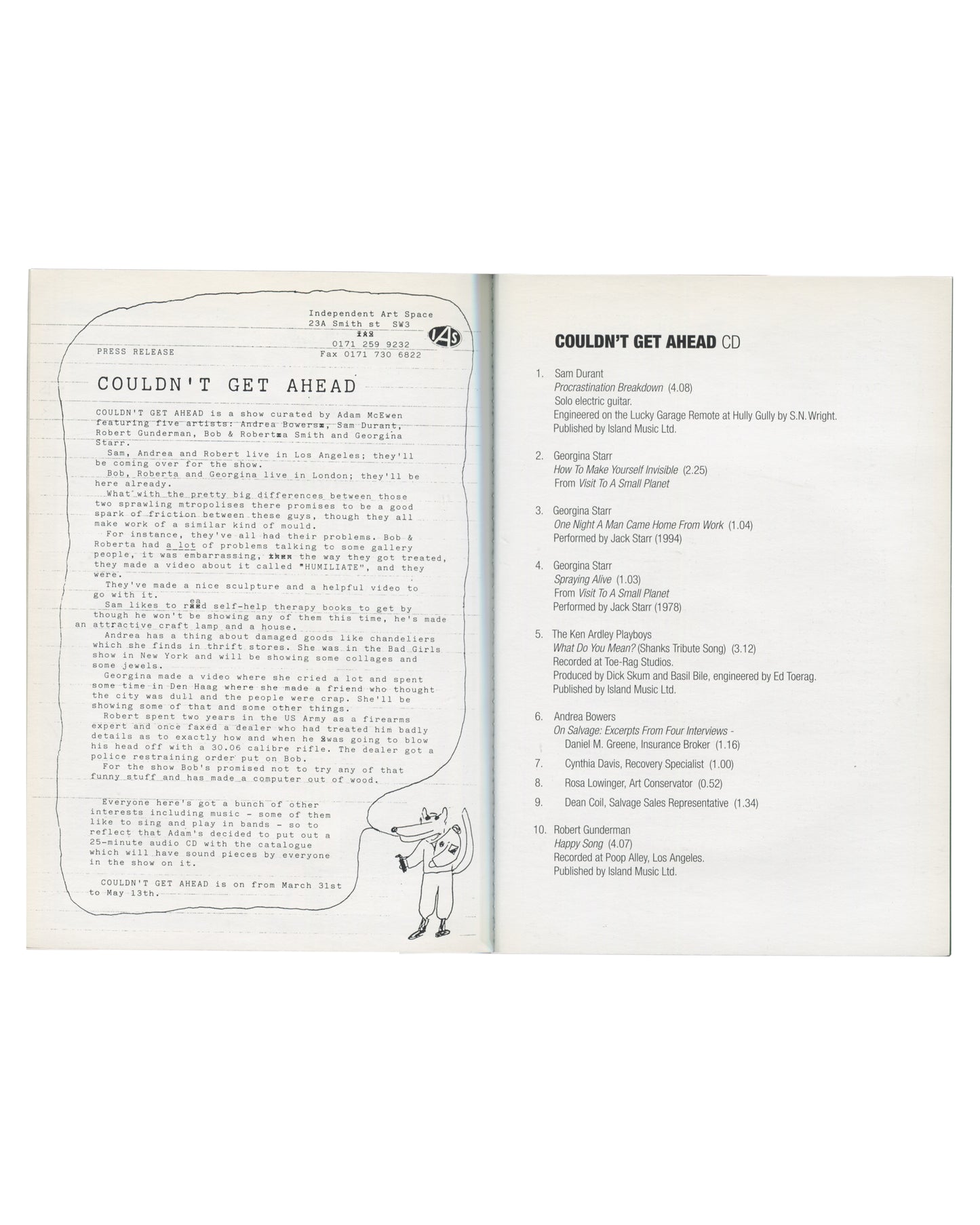 Adam McEwen — Couldn't Get Ahead, 1995, interior spread, IAS press release left, Couldn't Get Ahead CD tracklist right