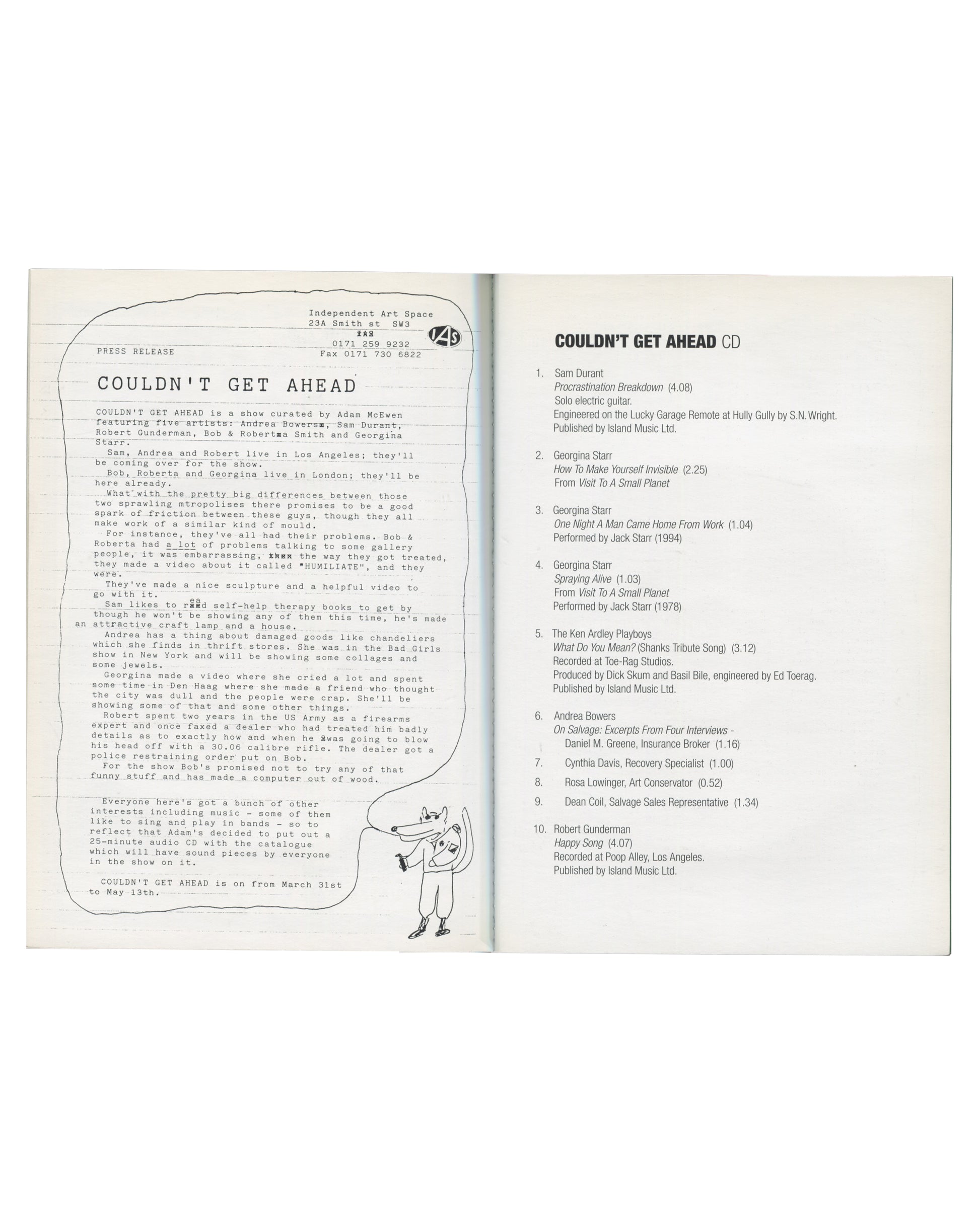 Adam McEwen — Couldn't Get Ahead, 1995, interior spread, IAS press release left, Couldn't Get Ahead CD tracklist right