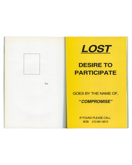 Georgina Starr — Couldn't Get Ahead, 1995, interior spread, yellow page "Lost: Desire to Participate / Compromise"