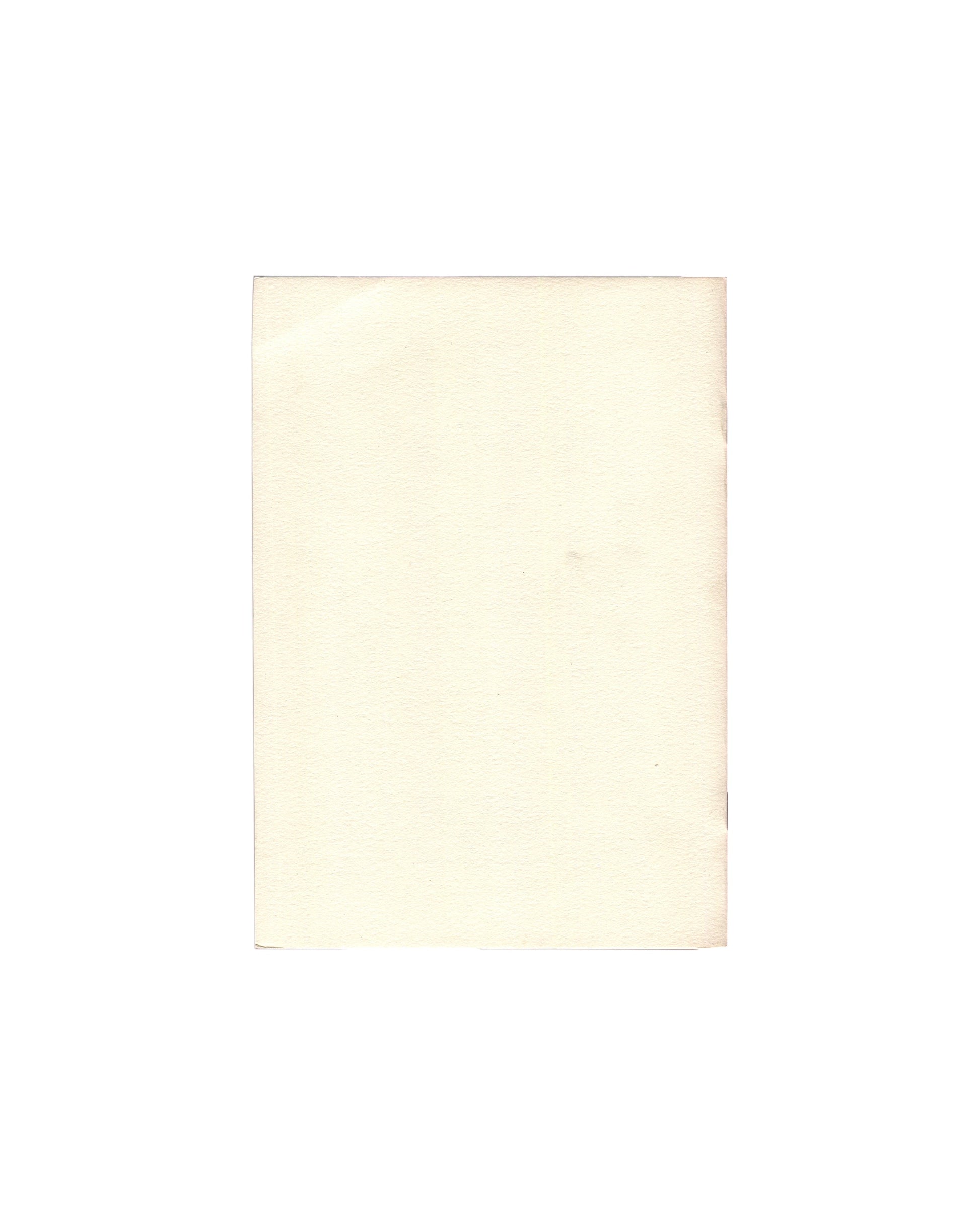 Exhibition catalogue reverse, Frank Bowling & Dennis de Caires, Recent Paintings, The Umana Yana, Georgetown, 1989. Back cover: plain cream ground, blank. Age toning and light surface marks visible.