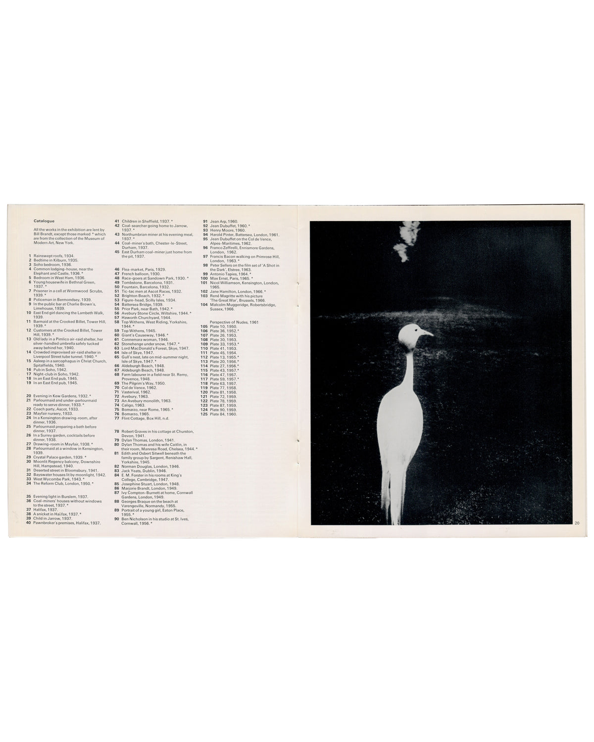 Bill Brandt, Photographs, Hayward Gallery 1970, interior spread, catalogue checklist with full-page bird plate