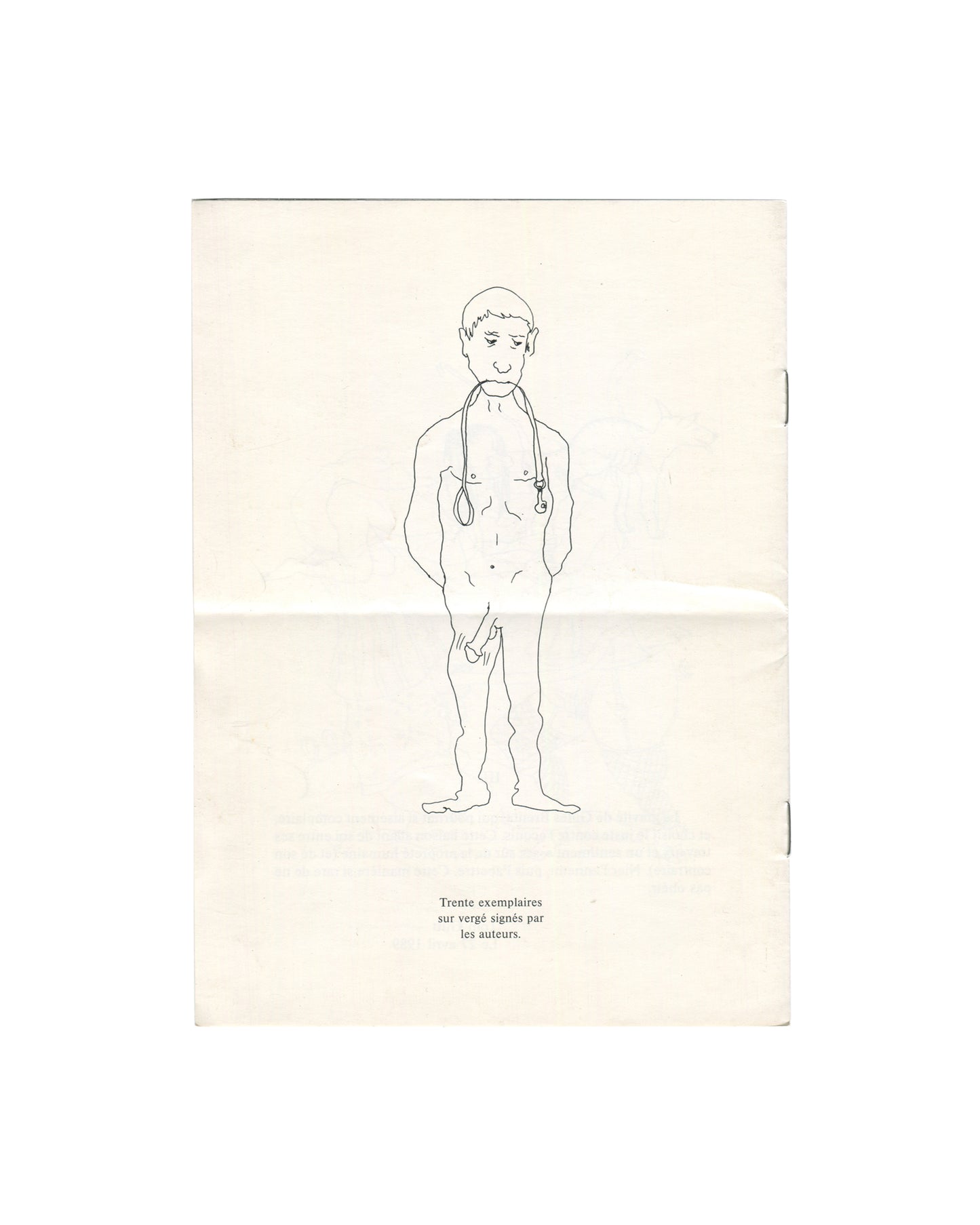Back cover of Gilles Brenta 1989 exhibition handout, with nude figure drawing and edition note for thirty signed copies on laid paper.