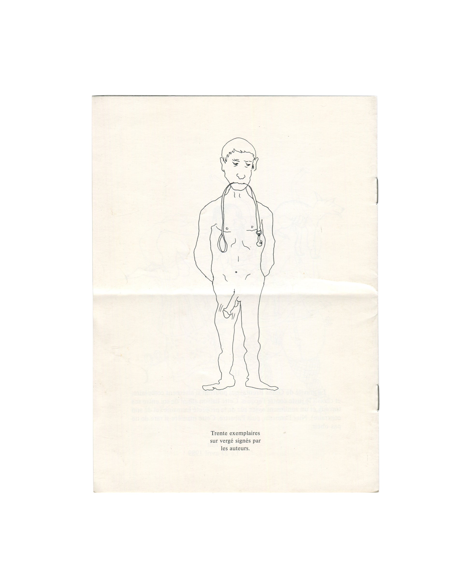 Back cover of Gilles Brenta 1989 exhibition handout, with nude figure drawing and edition note for thirty signed copies on laid paper.