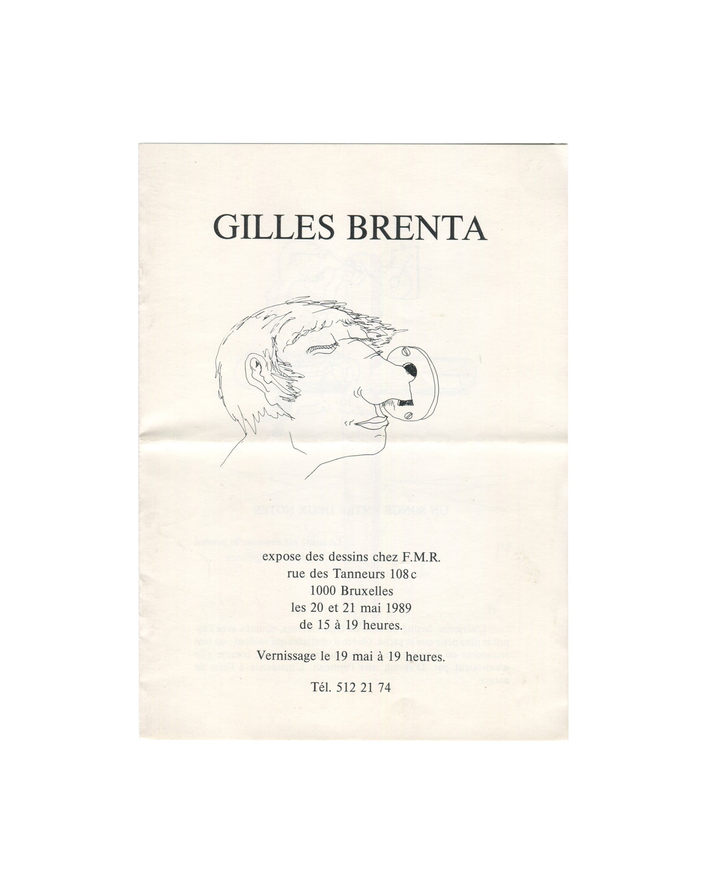 Original 1989 Gilles Brenta exhibition handout for F.M.R. Brussels, with black line drawing, artist name, and exhibition details.