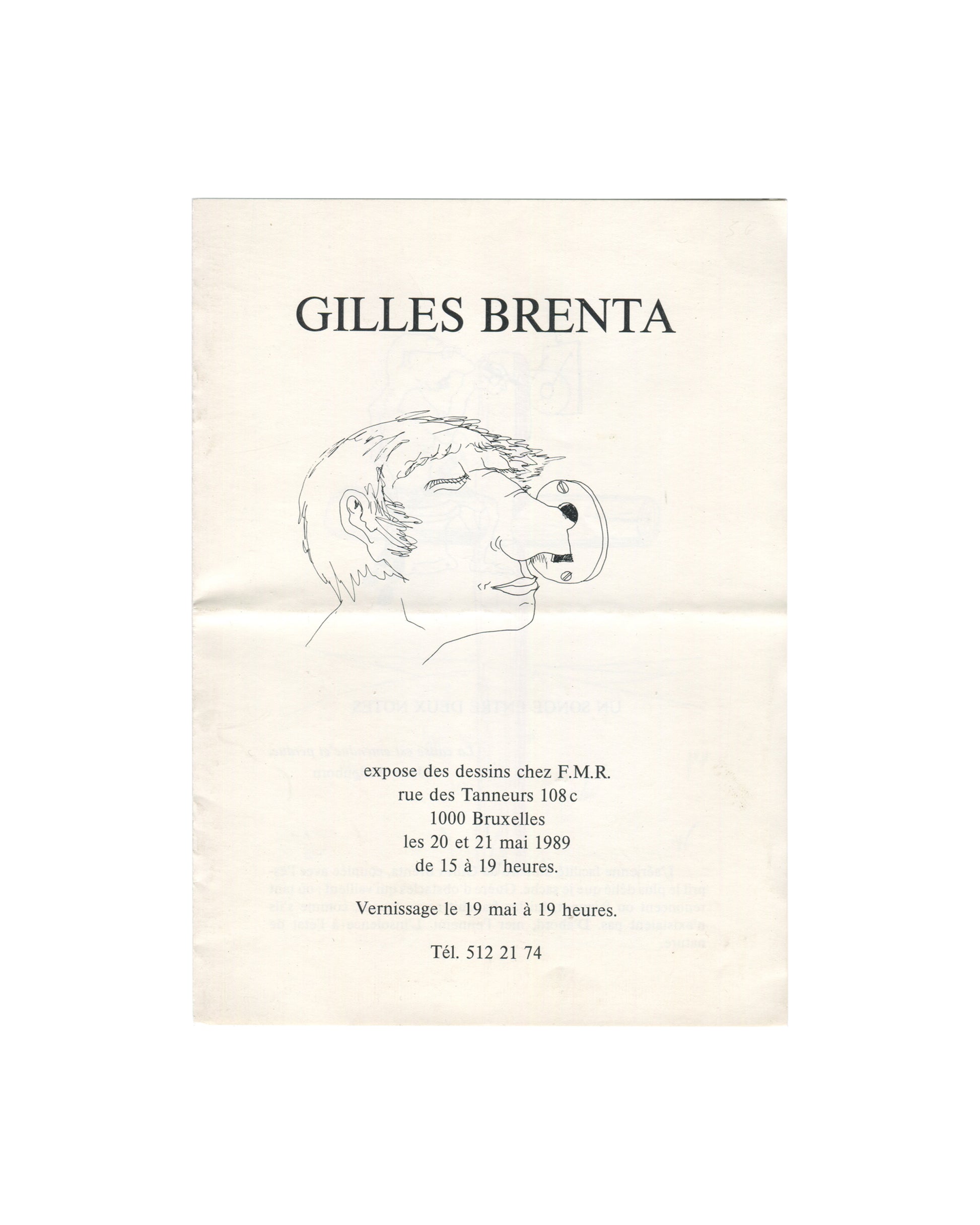 Original 1989 Gilles Brenta exhibition handout for F.M.R. Brussels, with black line drawing, artist name, and exhibition details.
