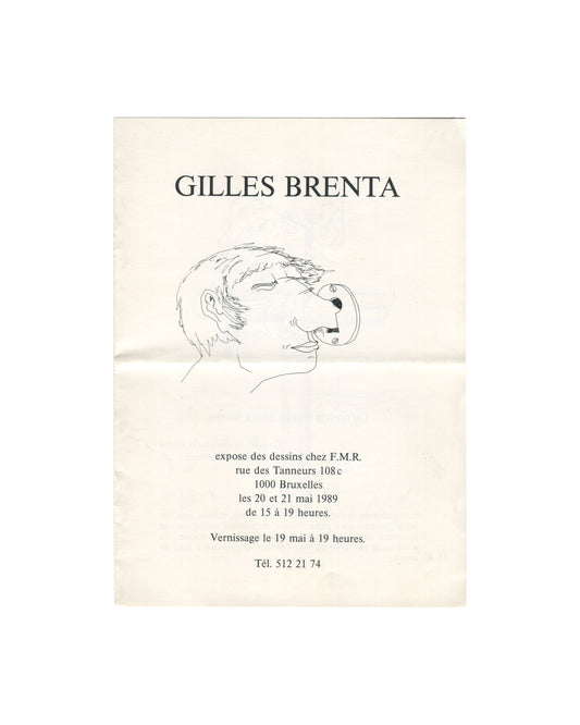 Original 1989 Gilles Brenta exhibition handout for F.M.R. Brussels, with black line drawing, artist name, and exhibition details.