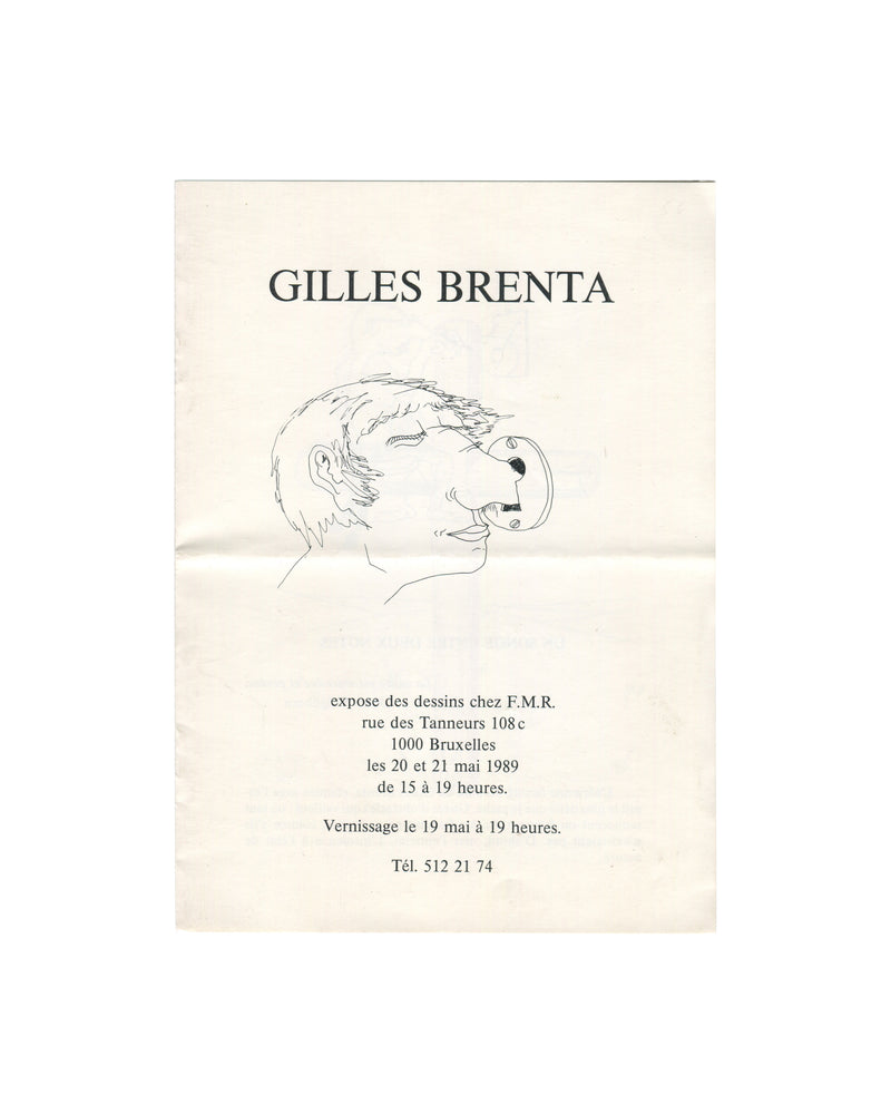Original 1989 Gilles Brenta exhibition handout for F.M.R. Brussels, with black line drawing, artist name, and exhibition details.
