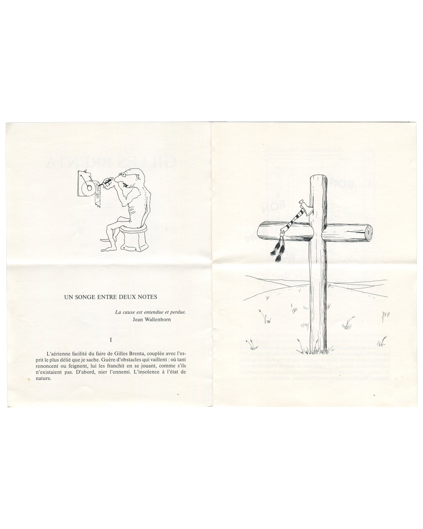 Inside spread of Gilles Brenta folded exhibition handout, showing surreal line drawings and French text for Un songe entre deux notes.