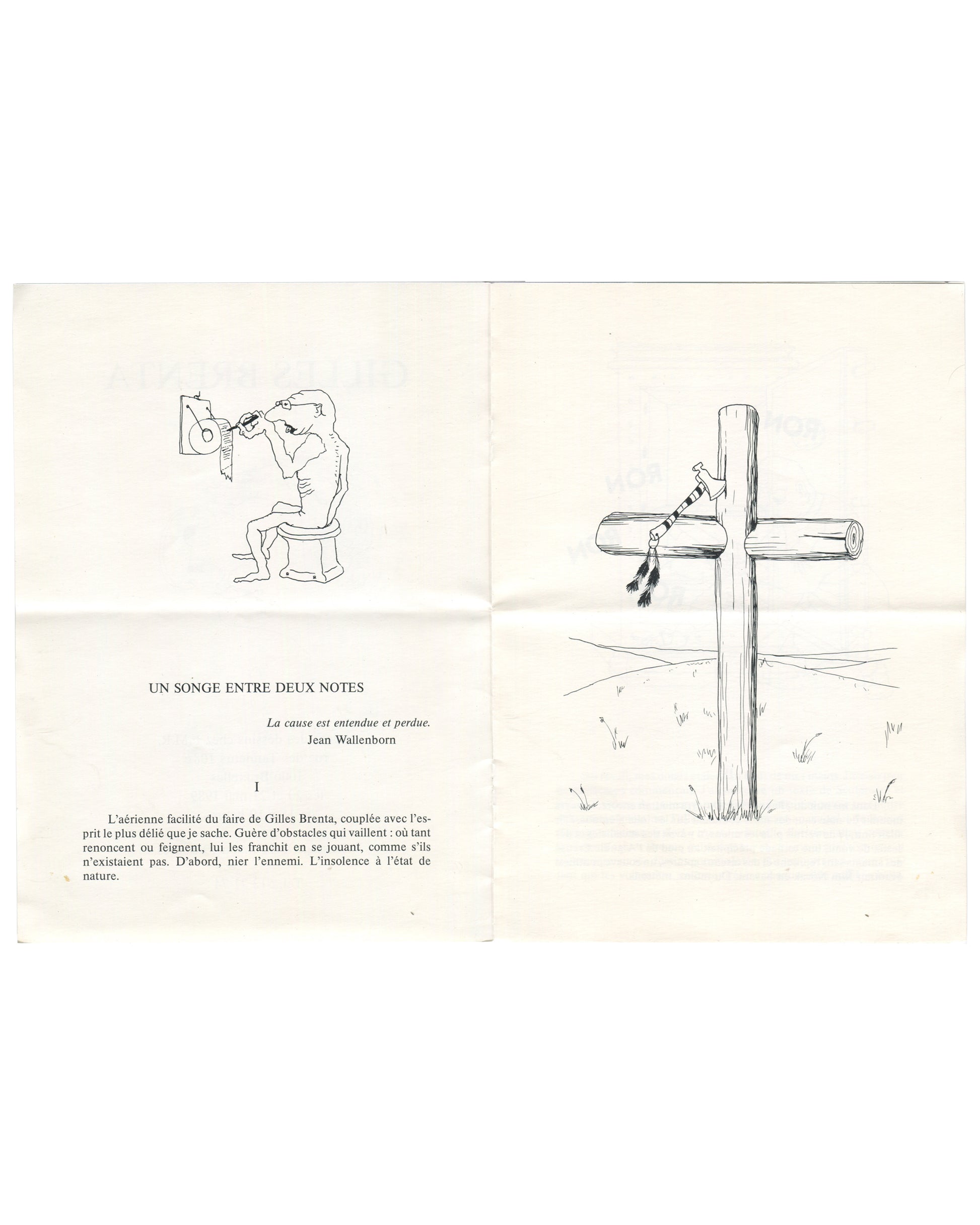 Inside spread of Gilles Brenta folded exhibition handout, showing surreal line drawings and French text for Un songe entre deux notes.