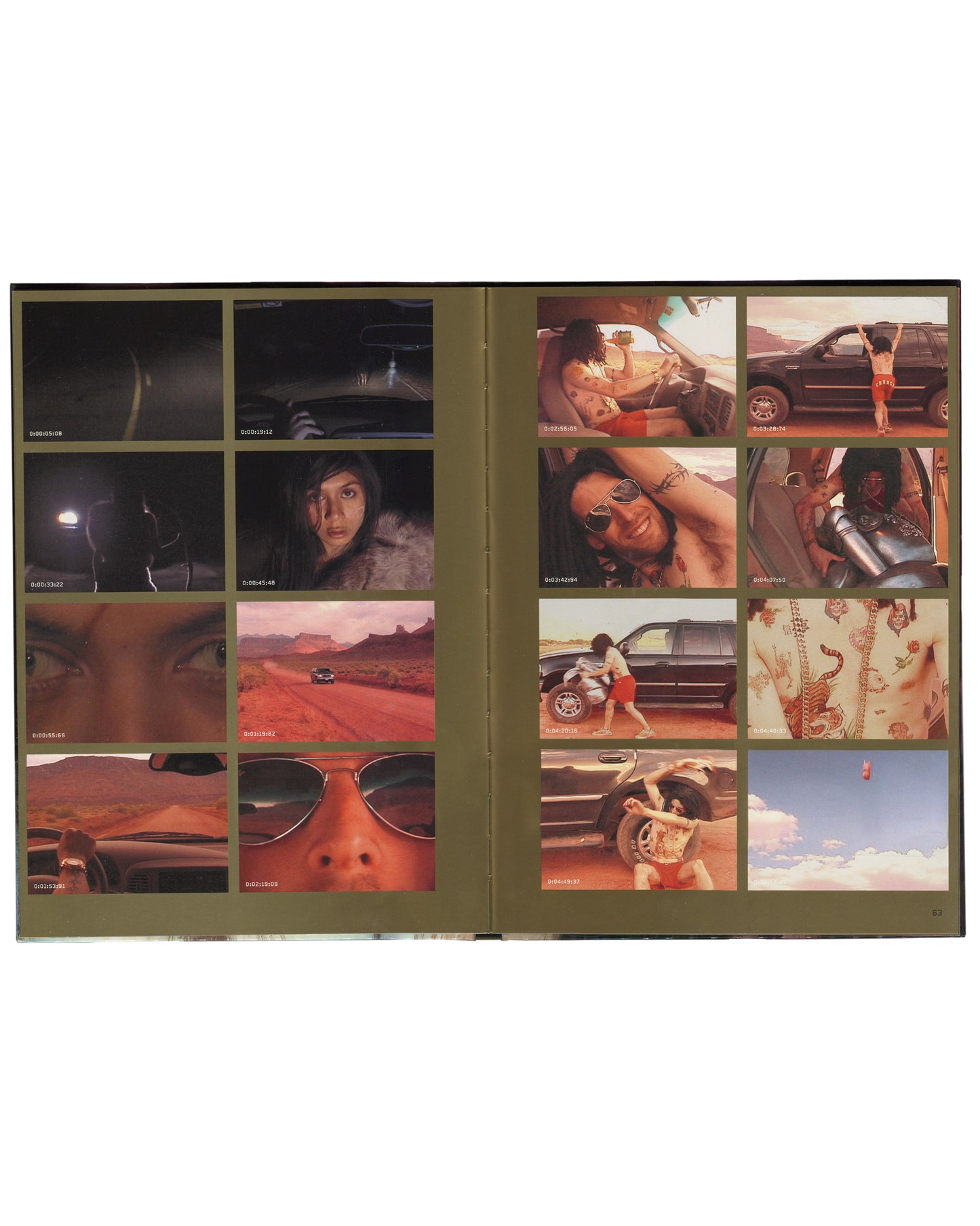 Interior spread of 2001 Olaf Breuning Ugly — two pages of colour video stills arranged as a contact sheet, sixteen frames with timecodes showing road trip footage: desert highways, Monument Valley, a woman in a red bikini, close-up faces, aviator sunglasses, a figure dancing beside an SUV