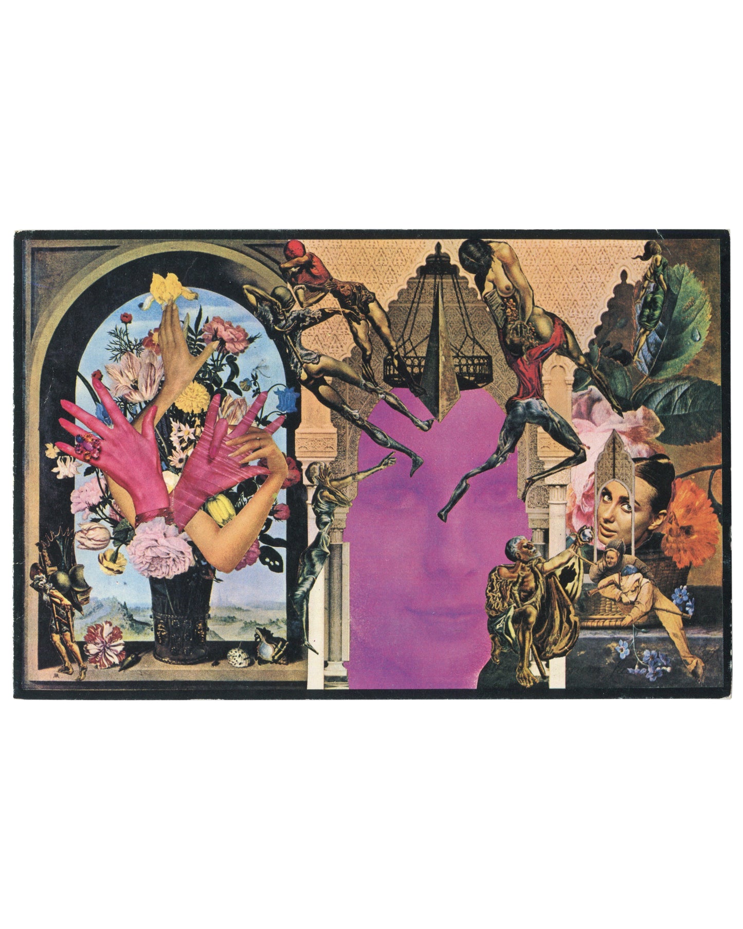 Front cover of c.1960s Madeleine Alain Brieux Collages Galerie du Passeur Paris exhibition invitation card showing a full-bleed colour offset lithograph reproduction of a surrealist collage: at left, a Dutch Old Master floral still life in an arched window frame overlaid with large pink-red hands reaching upward among peonies, tulips, and mixed flowers; at centre, a large flat mauve-purple silhouetted figure form; at upper right, acrobatic male figures in coloured costumes leaping across an ornate architect