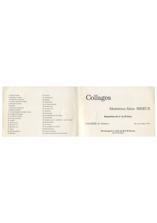 nterior of c.1960s Madeleine Alain Brieux Collages Galerie du Passeur Paris exhibition invitation unfolded, showing two panels on cream-white ground in black serif type: left panel with numbered checklist of 37 works in two columns including titles such as 'Nature morte', 'Machine à vapeur', 'Orbite de révolution', 'Le Pont des Deux-Anges', 'Pyramide intérieure', 'Le Siège du dedans', 'L'Élonnurée', 'Bouquet no 1', 'Pachamamgories', 'Les séquences du Don Juan', 'L'esprit pour le meilleur et pour le père', '