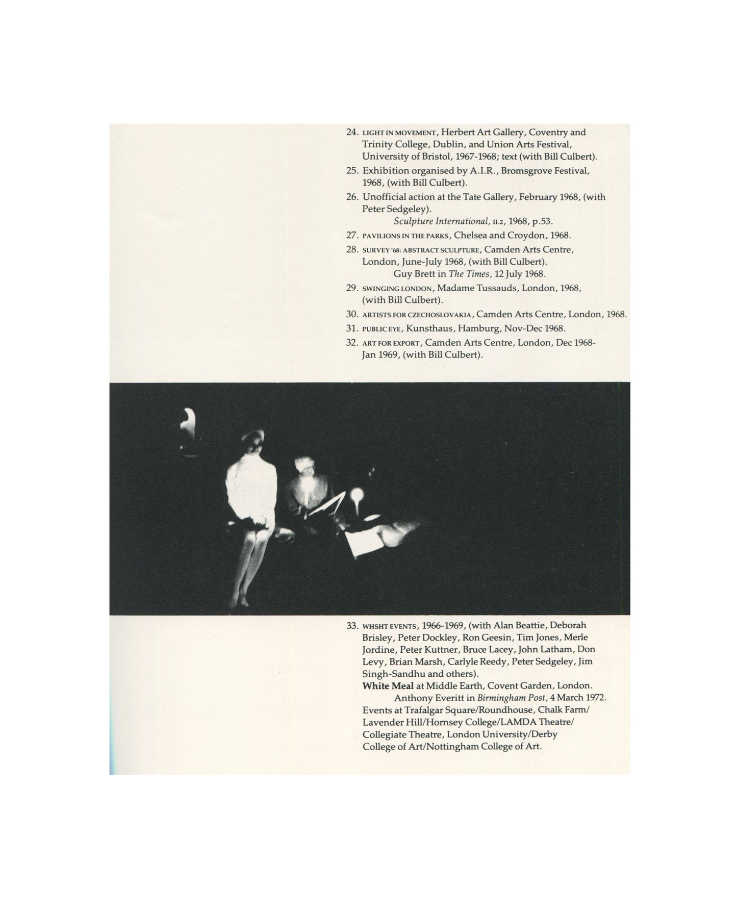 `Stuart Brisley — ICA, London, 1981 — interior plate. Black and white photograph documenting Survival in Alien Circumstances, Kassel, 1977. Aerial view of a figure submerged or lying in dark liquid, body contorted, clothing saturated, surrounded by debris and reflective water surface. Caption: "Survival in Alien Circumstances, Kassel 1977 (84)."`