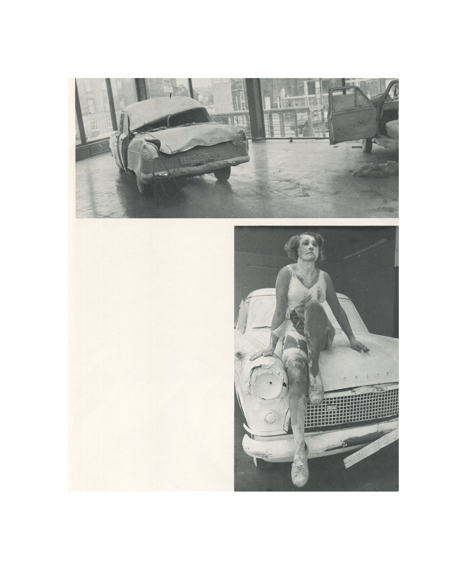 `Stuart Brisley — ICA, London, 1981 — interior plate. Black and white photograph documenting performance ZL 65 63 95 C, London, 1972. Brisley seated in a darkened room, debris and liquid covering the floor, paint-marked window behind. Caption: "ZL 65 63 95 C, London 1972 (57)."`